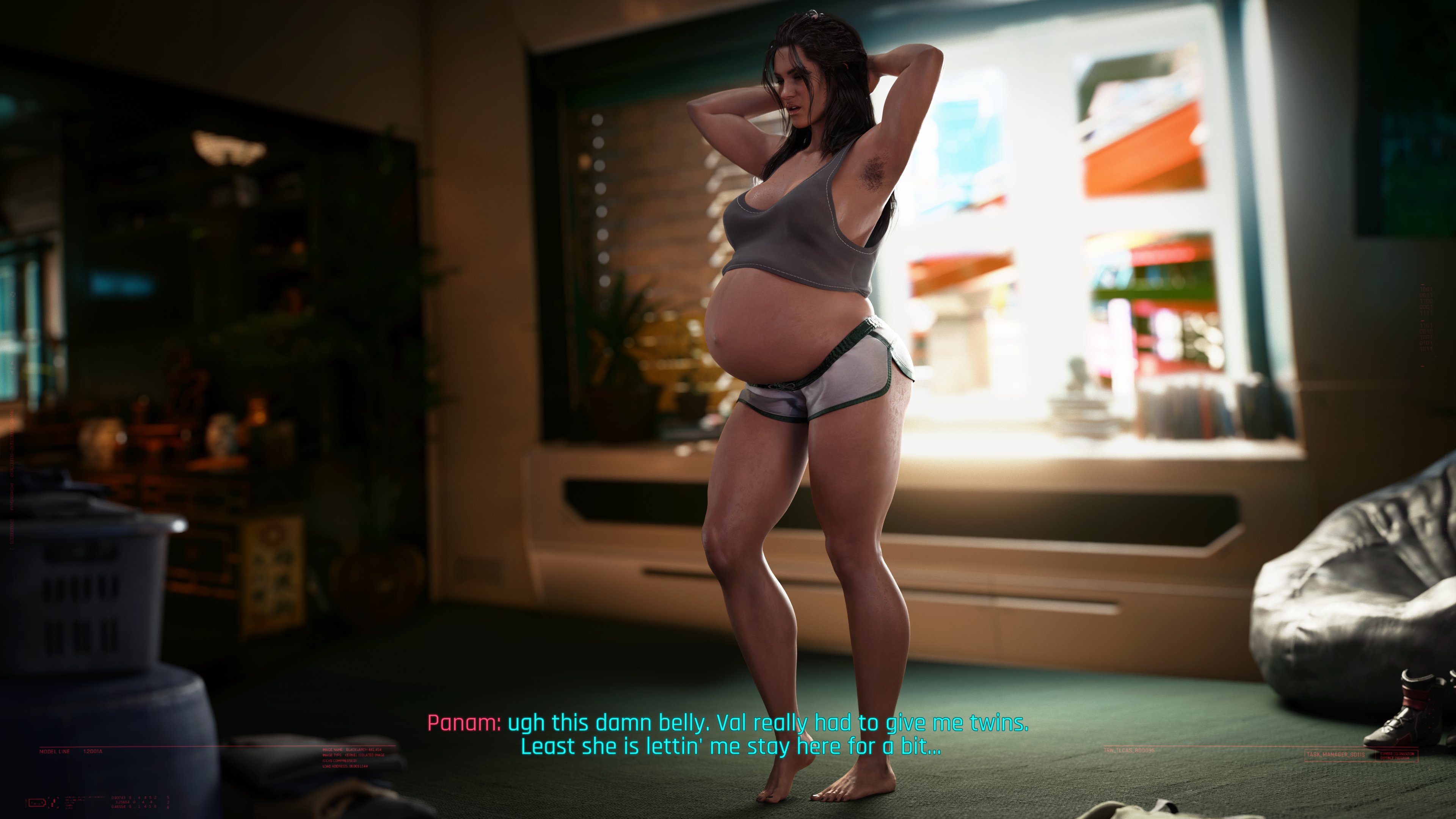 1girls, 3d, 4k, absurdres, armpit hair, blender, cyberpunk 2077, dinoboy555, female, female only, highres, huge belly, panam palmer, pregnant, ready to pop, solo