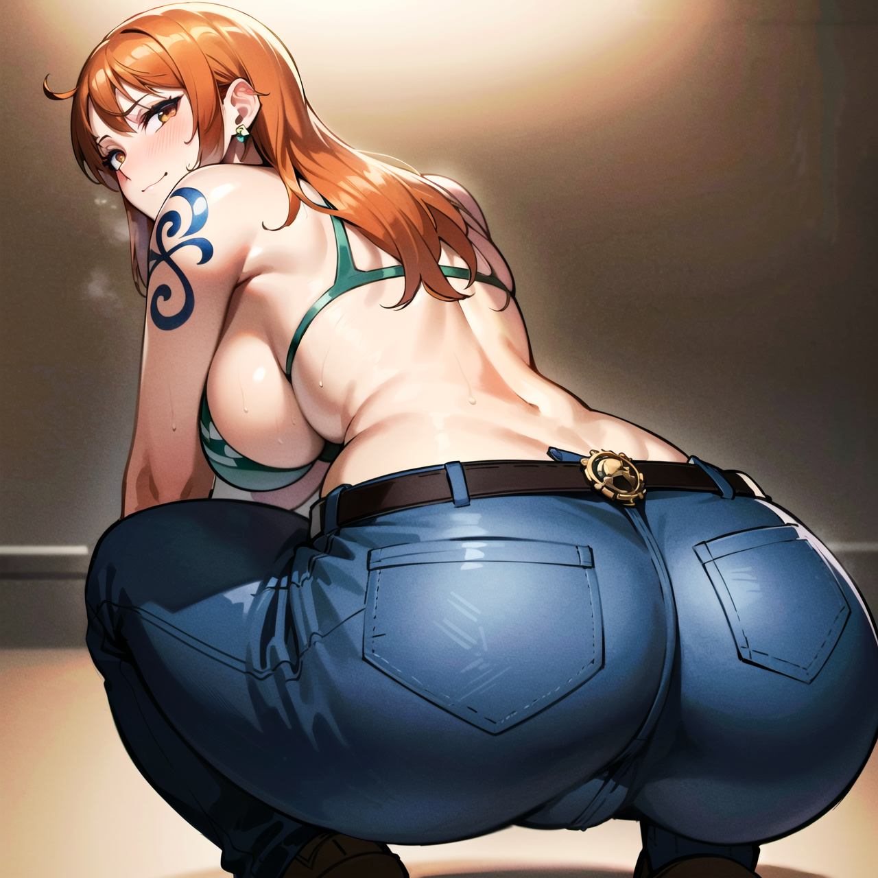 ai generated, ass, ass focus, bare shoulders, bikini top, blush, breasts, brown eyes, cameltoe, come hither, denim, female, female only, from behind, huge ass, jeans, large breasts, long hair, looking at viewer, looking back, nami (one piece), one piece, orange hair, post-timeskip, pussy, shiny, shiny clothes, shiny hair, shiny skin, sideboob, smile, solo, squatting, tight pants