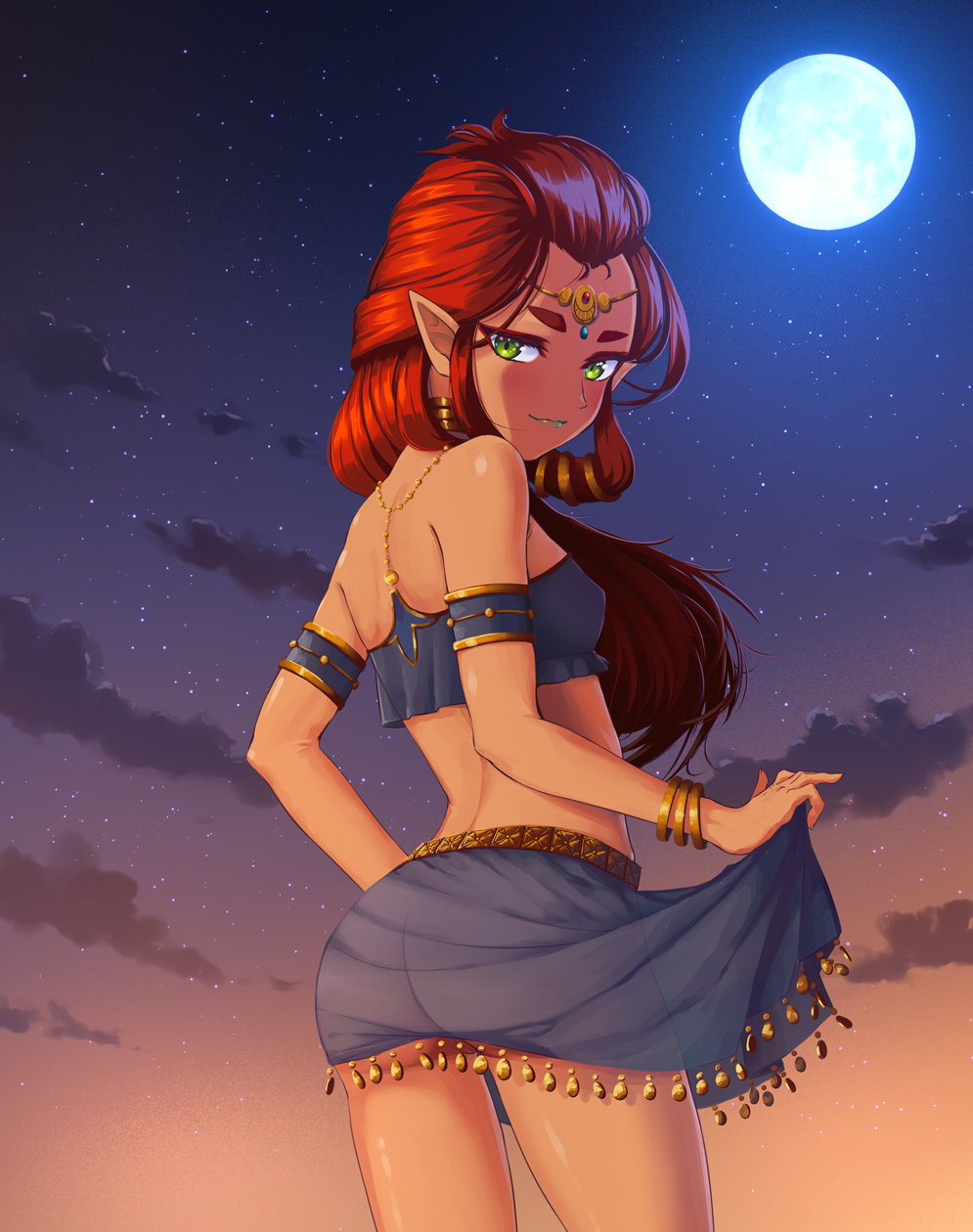 2020 ass ass_in_dress ass_visible_through_clothes breath_of_the_wild dark-skinned_female dark_skin gerudo green_eyes highres long_hair long_red_hair looking_back_at_viewer moon moonlight night nintendo nipple_bulge rear_view red_hair riju ruby_suguri seductive see-through see-through_clothing side_boob skirt small_breasts the_legend_of_zelda the_legend_of_zelda:_breath_of_the_wild thighs viewed_from_behind young