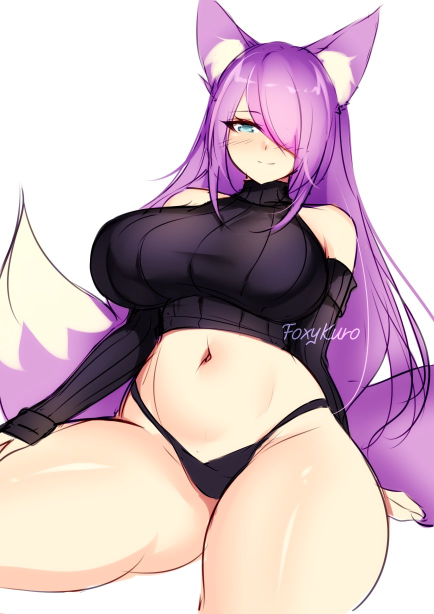 big_boobs big_breast big_breasts black_panties black_sweater black_underwear dirtykuro fox_ears fox_girl foxgirl foxykuro hair_covering_eye hair_covering_one_eye hair_over_eye hair_over_one_eye hair_over_one_eyes kuro_(foxykuro) large_breast large_breasts long_hair long_purple_hair panties purple_eyes purple_hair purple_hair_female sweater underwear