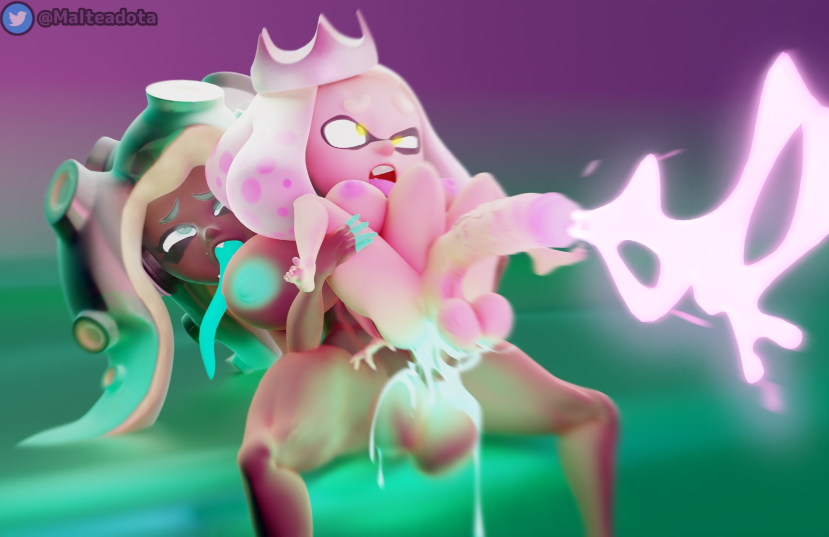 2futas, 3d, 3d (artwork), ahe gao, anal, ass, balls, breasts, chocolate and vanilla, crown, cum, cum in ass, cum inside, cum while penetrated, cumshot, dark skin, dark-skinned futa, ejaculating while penetrated, ejaculation, excessive cum, futa on futa, futa only, futanari, futasub, glowing, glowing cum, glowing eyes, glowing genitalia, glowing nipples, glowing penis, glowing pussy, glowing tongue, huge balls, huge belly, huge breasts, huge cock, inkling, intersex, large balls, large breasts, large penis, light skin, light-skinned futa, malteadota, marina (splatoon), nintendo, octoling, pearl (splatoon), penis, pussy, shocked, shocked expression, shortstack, simple background, splatoon, splatoon 2, stomach bulge, veiny penis