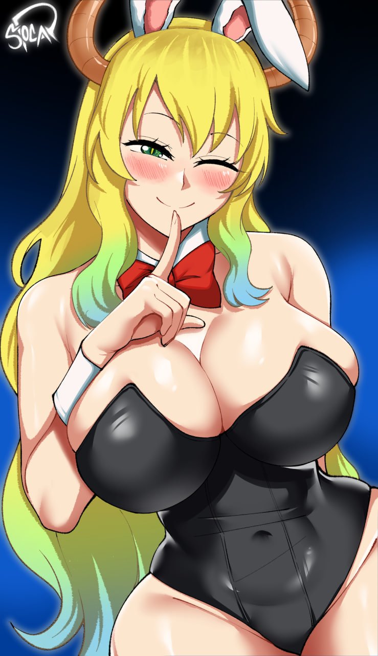 1girls, blonde hair, breasts, bunny ears, bunny girl, bunnysuit, cleavage, dragon girl, dragon horns, female, green eyes, horns, large breasts, light skin, light-skinned female, long hair, lord socar, miss kobayashi's dragon maid, quetzalcoatl (dragon maid), slim waist, thick thighs, thin waist, wide hips