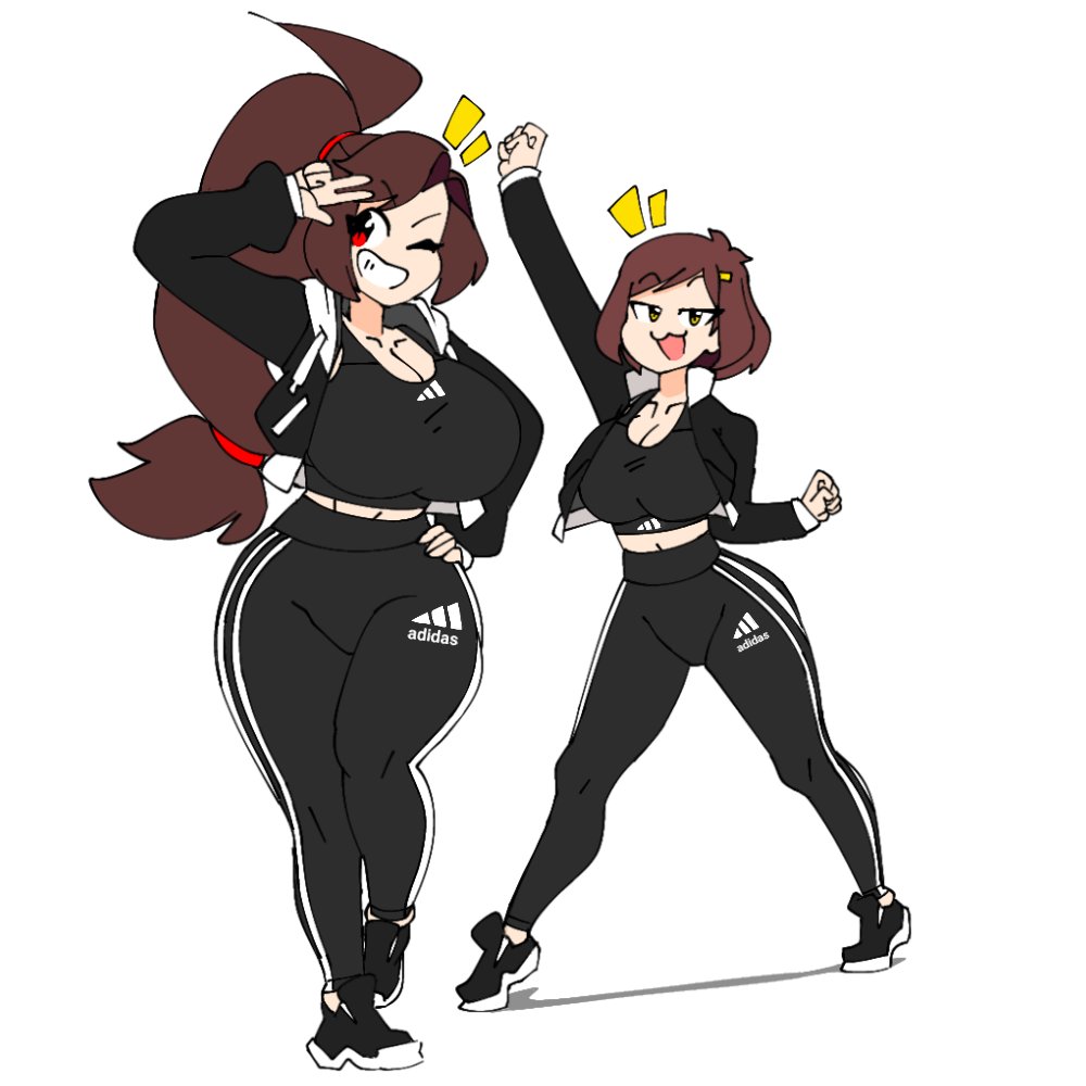 2girls adidas_logo big_breasts brown_hair female female_only hakkim_animation mikkah_(hakkim_animation) misha_(hakkim_animation) multiple_girls posing red_eyes sportswear thick_thighs yellow_eyes