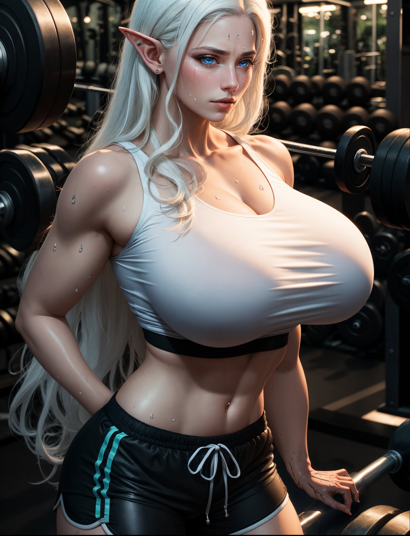1girls, ai generated, blue eyes, elf, elf ears, elf female, elf girl, female, gym, gym clothes, gym shorts, gym uniform, long hair, looking at viewer, muscular, muscular female, solo female, solo focus, stable diffusion, voluptuous female, white hair