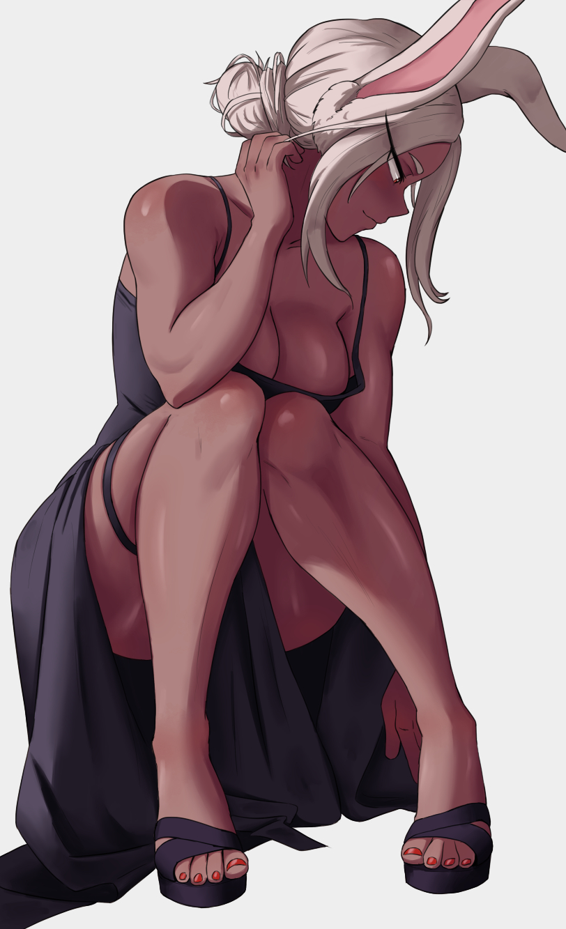 1girls alternate_costume alternate_hairstyle animal_ears athletic_female bare_arms bare_legs bare_shoulders black_dress black_footwear blush breasts cleavage closed_mouth dark-skinned_female dark_skin dress eyes_visible_through_hair feet female full_body hair_bun hand_up highres kemonomimi knees_together_feet_apart knees_up large_breasts legs long_dress long_eyelashes long_hair looking_down miruko my_hero_academia nail_polish nose_blush pelvic_curtain rabbit_ears rabbit_girl red_eyes red_nails rumi_usagiyama shadertoons single_hair_bun sleeveless sleeveless_dress smile solo spaghetti_strap squatting thigh_strap toeless_footwear toenail_polish toenails toes white_background white_hair