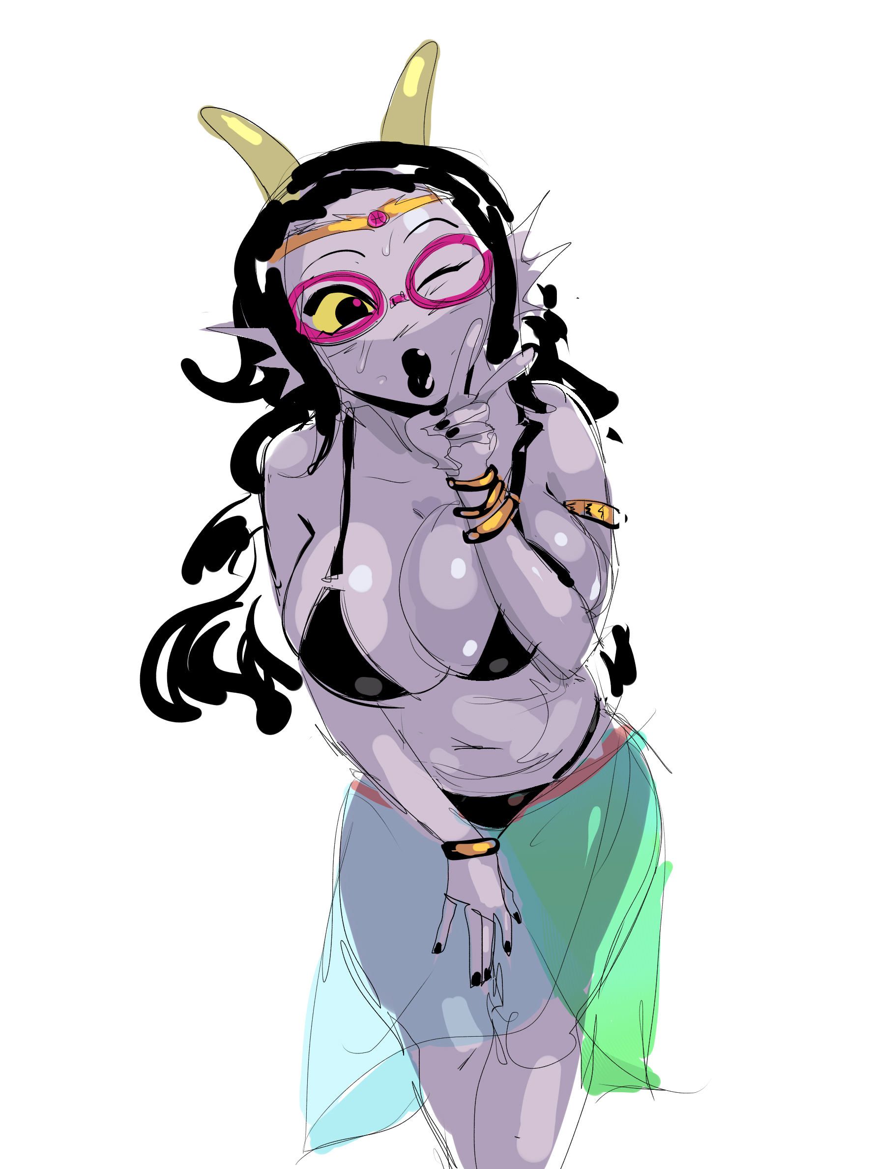 1girls, bent over, big breasts, bikini, blowing kiss, breasts, busty, cleavage, feferi peixes, female, goggles, hand on leg, hand on own leg, hand on own thigh, hand on thigh, homestuck, large breasts, leaning forward, lipstick, lysanthum, one eye closed, peace sign, sarong, skirt, tiara, wink