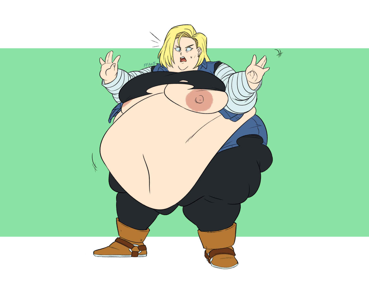 android_18 bbw black_leggings blonde_hair chubby_cheeks dragon_ball dragon_ball_z exposed_breast fat female ffa5 morbidly_obese ripping_clothing sequence ssbbw startled tearing_clothes weight_gain