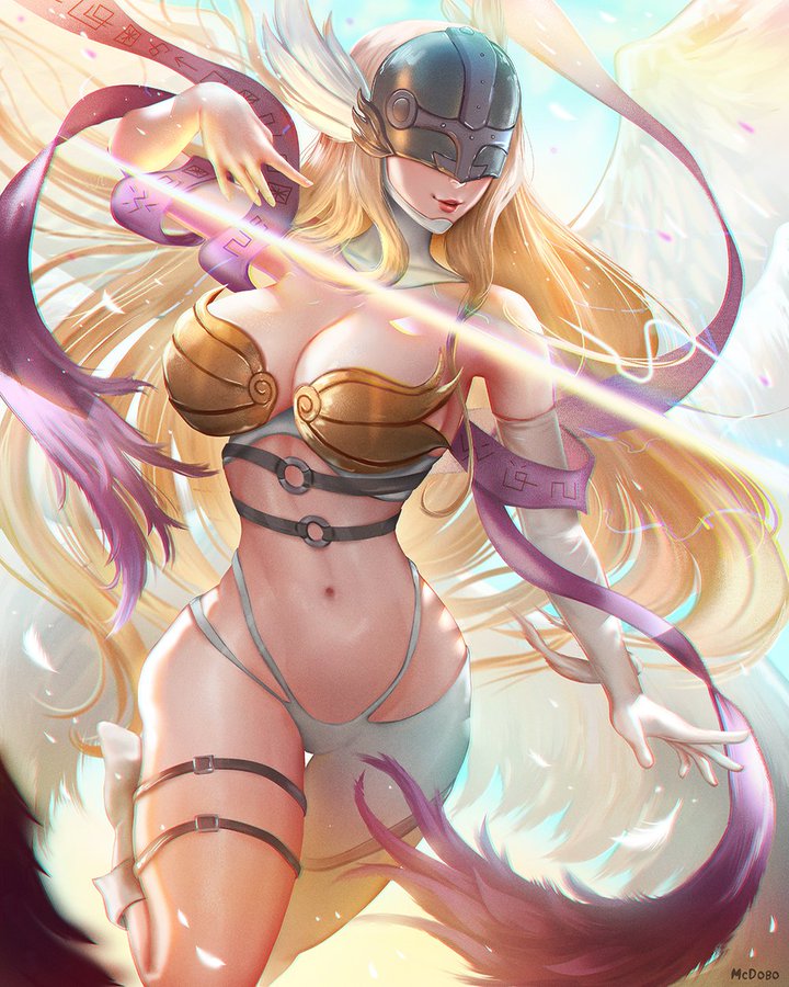 angel, angel wings, angewomon, big breasts, blonde female, blonde hair, breasts, digimon, digimon (species), female, high resolution, highres, mcdobo, navel, red lipstick, skimpy clothes, wings