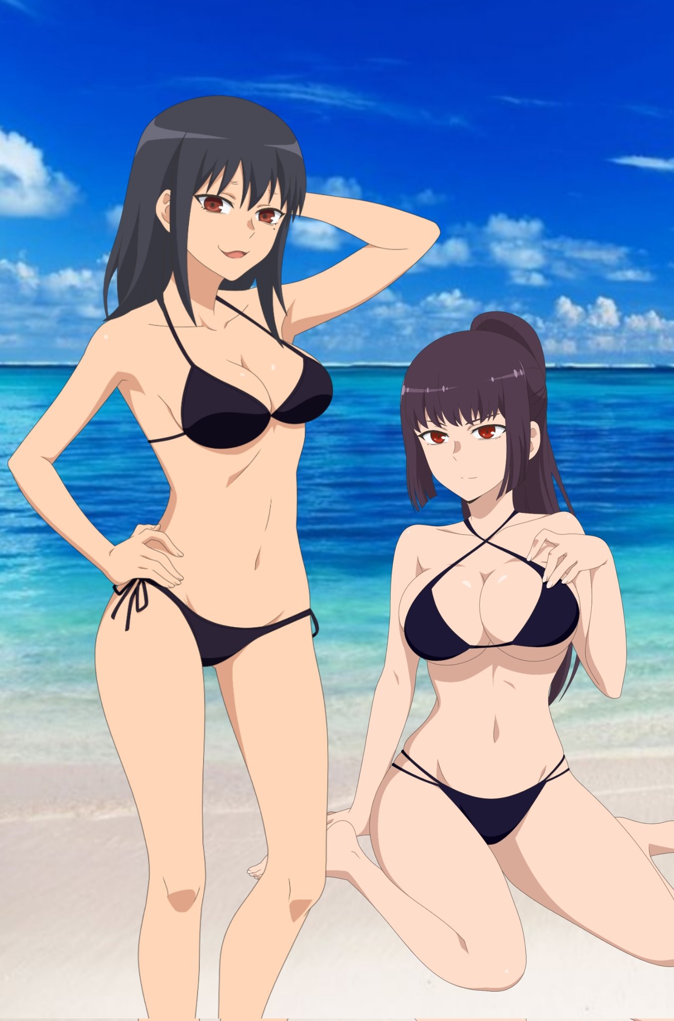 2girls, artist request, beach, big breasts, bikini, black hair, breasts, brown eyes, cleavage, curvy, female, female focus, female only, kneeling, long hair, looking at viewer, misaki nagatoro, multiple females, multiple girls, navel, open mouth, please don't bully me, nagatoro, ponytail, pose, president (nagatoro), purple hair, red eyes, sana sunomiya, sitting, smile, solo female, standing, wide hips