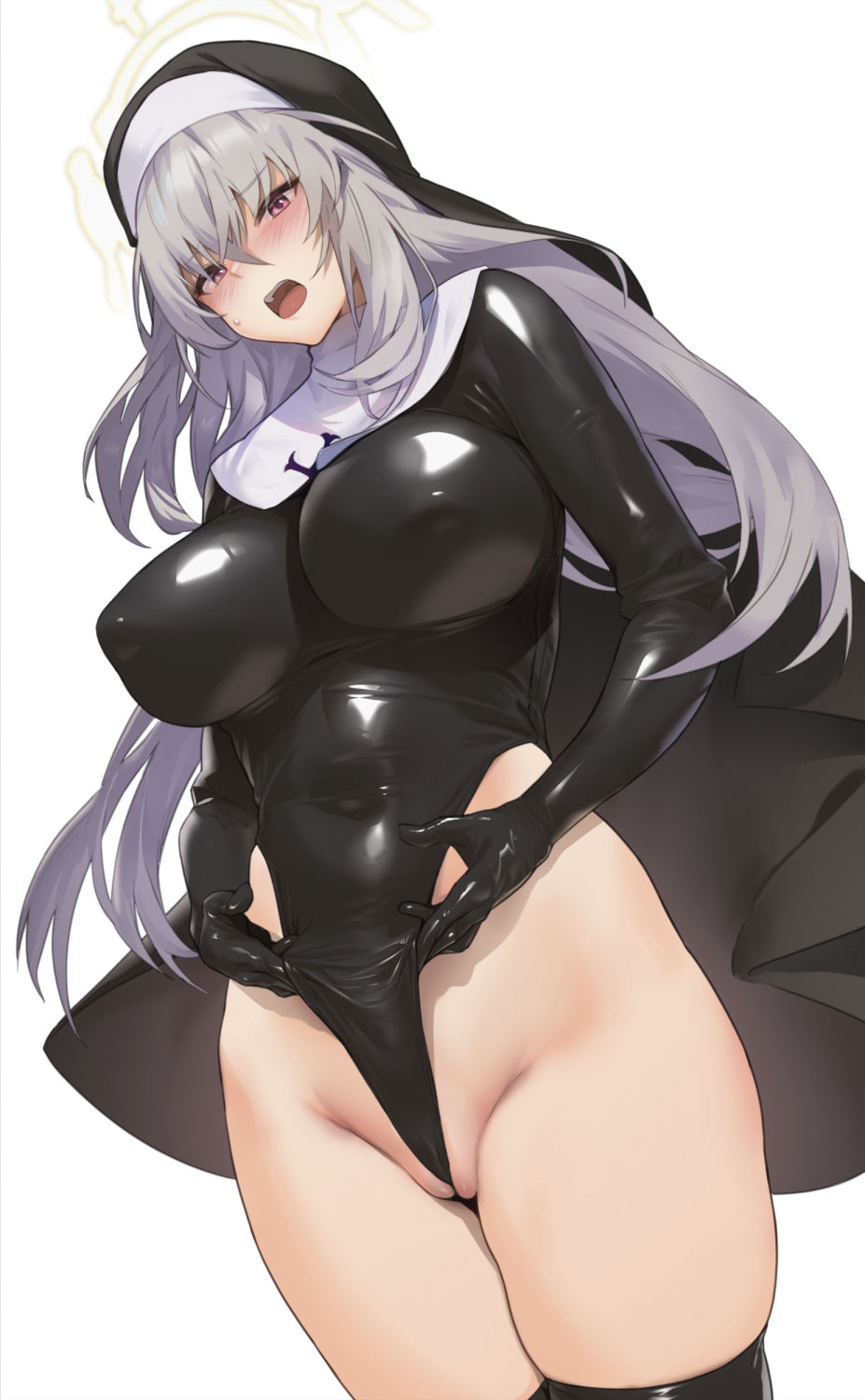 1girls, artist request, big breasts, blue archive, breasts, busty, cameltoe, child bearing hips, female, female only, grey hair, large breasts, legs, leotard, light skin, light-skinned female, long hair, nun, nun outfit, open mouth, partially visible vulva, pussy, sakurako (blue archive), sisterhood (blue archive), solo, tagme (artist), thick thighs, thighs, trinity general school student, voluptuous, wedgie