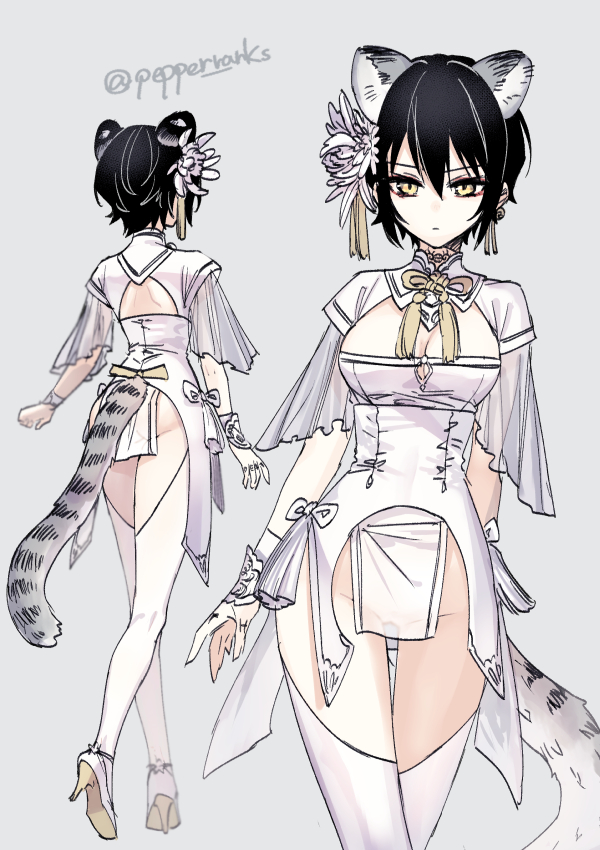 black_hair chinese_clothes cleavage expressionless female female_only flower_in_hair full_body genderswap_(mtf) hair_ornament high_heels kanzashi kemonomimi leopard_ears leopard_girl leopard_tail loincloth looking_at_viewer multiple_views no_panties one_piece pale-skinned_female pale_skin pepperranks rear_view rule_63 see-through_clothing short_hair shounen_jump standing thighhighs trafalgar_law trafalgar_law_(female) very_short_hair white_legwear white_thighhighs yellow_eyes