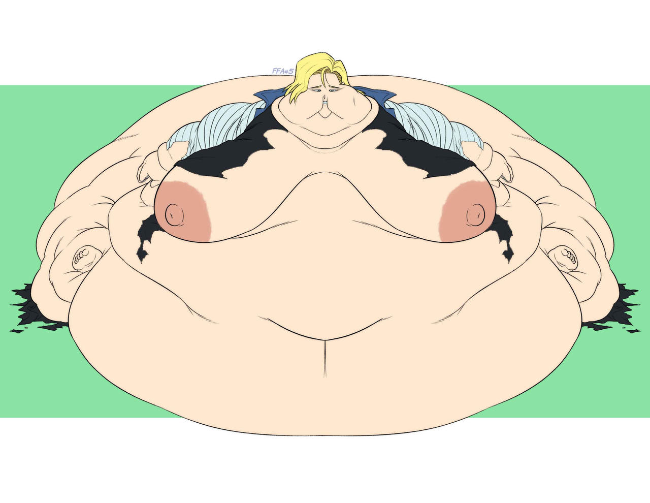 android_18 bbw blob blonde_hair dragon_ball dragon_ball_z exposed_breasts facing_viewer fat fat_ass fat_belly fat_breasts fat_cheeks fat_face female ffa5 hyper_ass hyper_belly immobile sequence shredded_clothes ssbbw tired weight_gain