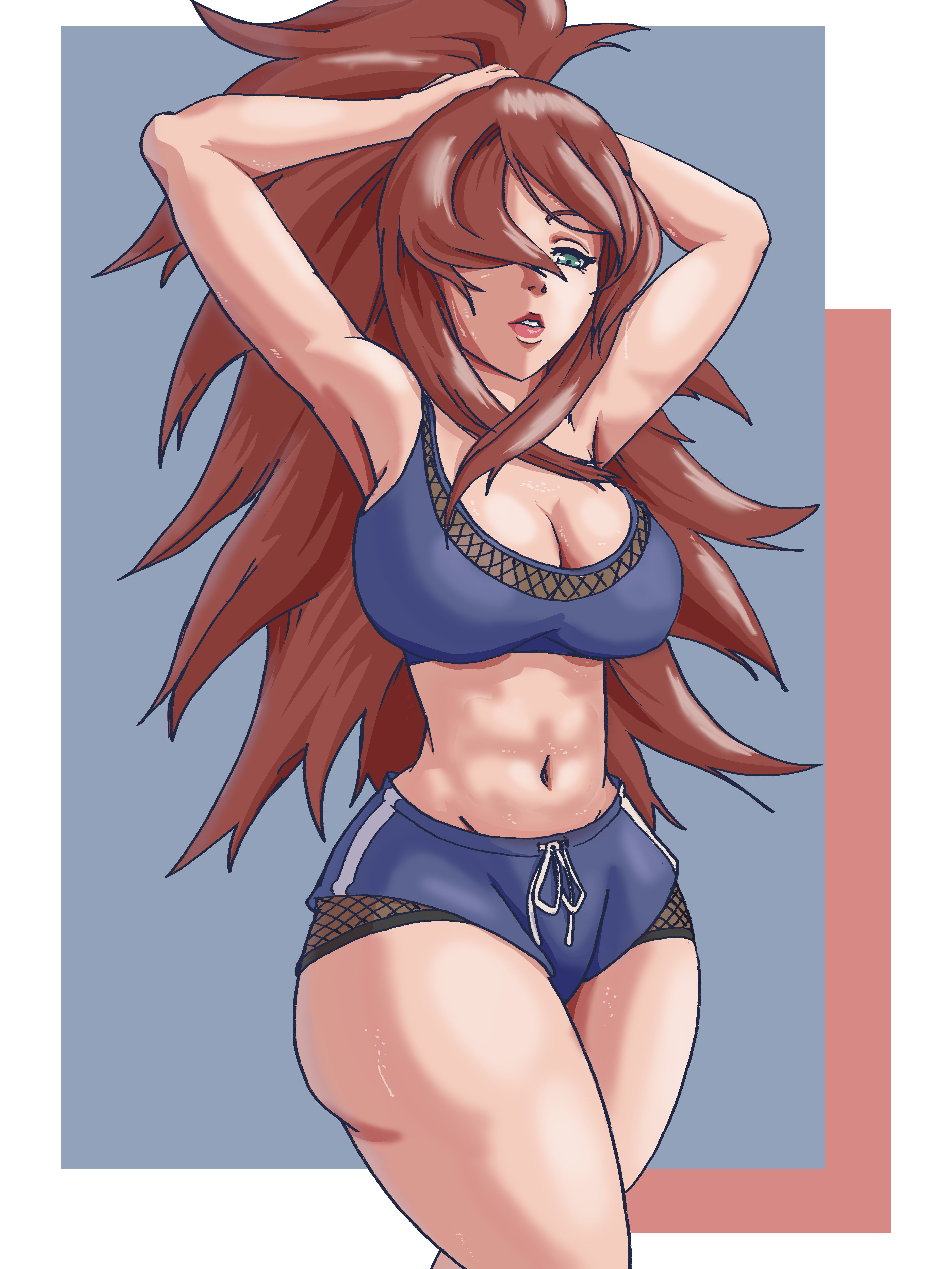 1girls, adapted costume, adjusting hair, alternate costume, alternate hairstyle, armpits, arms behind head, arms up, athletic, athletic female, bare legs, bare shoulders, bare thighs, big breasts, bodily fluids, breasts, brown hair, busty, child bearing hips, cleavage, cowboy shot, crop top, crossed legs, curvaceous, curvy, curvy body, curvy female, curvy figure, feet out of frame, female, female only, fishnet panties, fishnet shirt, fishnets, green eyes, gym clothes, gym shorts, hair over one eye, highres, hourglass figure, light skin, light-skinned female, lipstick, long hair, makeup, mature, mature female, mei terumi, midriff, naruto, naruto (series), naruto shippuden, no underwear, oppai, parted lips, pelvic line, pinup, ponytail, revealing clothes, shorts, sleeveless, sleeveless shirt, slim waist, solo, solo focus, sport shorts, sports bra, standing, sweat, sweatdrop, sweating, thick thighs, thighs, tied hair, tight clothing, tying hair, very long hair, wanderagro893, wide hips, workout clothes