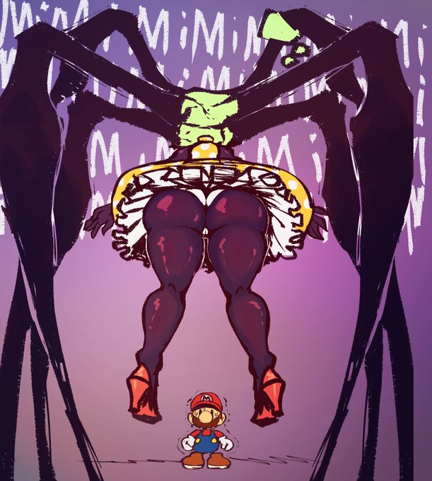 1boy, 1girls, 2023, ass, ass focus, big ass, buttons, english text, female, from behind, hat, high heels, male, mario, mario (series), mimi (super paper mario), mimi (super paper mario) (true form), nervous, nervous sweat, nintendo, overalls, pantyhose, pantyshot, paper mario, prehensile hair, purple background, spider girl, super paper mario, thick thighs, upskirt, wolflance