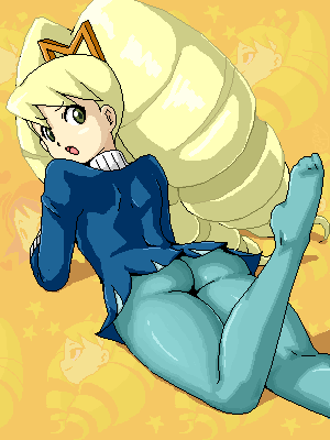 1girls 2008 ass blonde_hair clothed isu leggings luna_platz lying_on_stomach mega_man mega_man_star_force thick_thighs thighs twin_drills