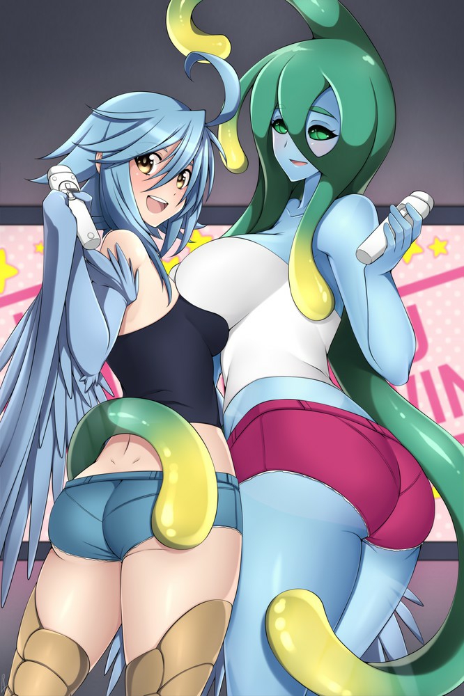 2girls, female, female only, fully clothed, lindaroze, monster girl, monster musume no iru nichijou, papi (monster musume), suu (monster musume), video game controller