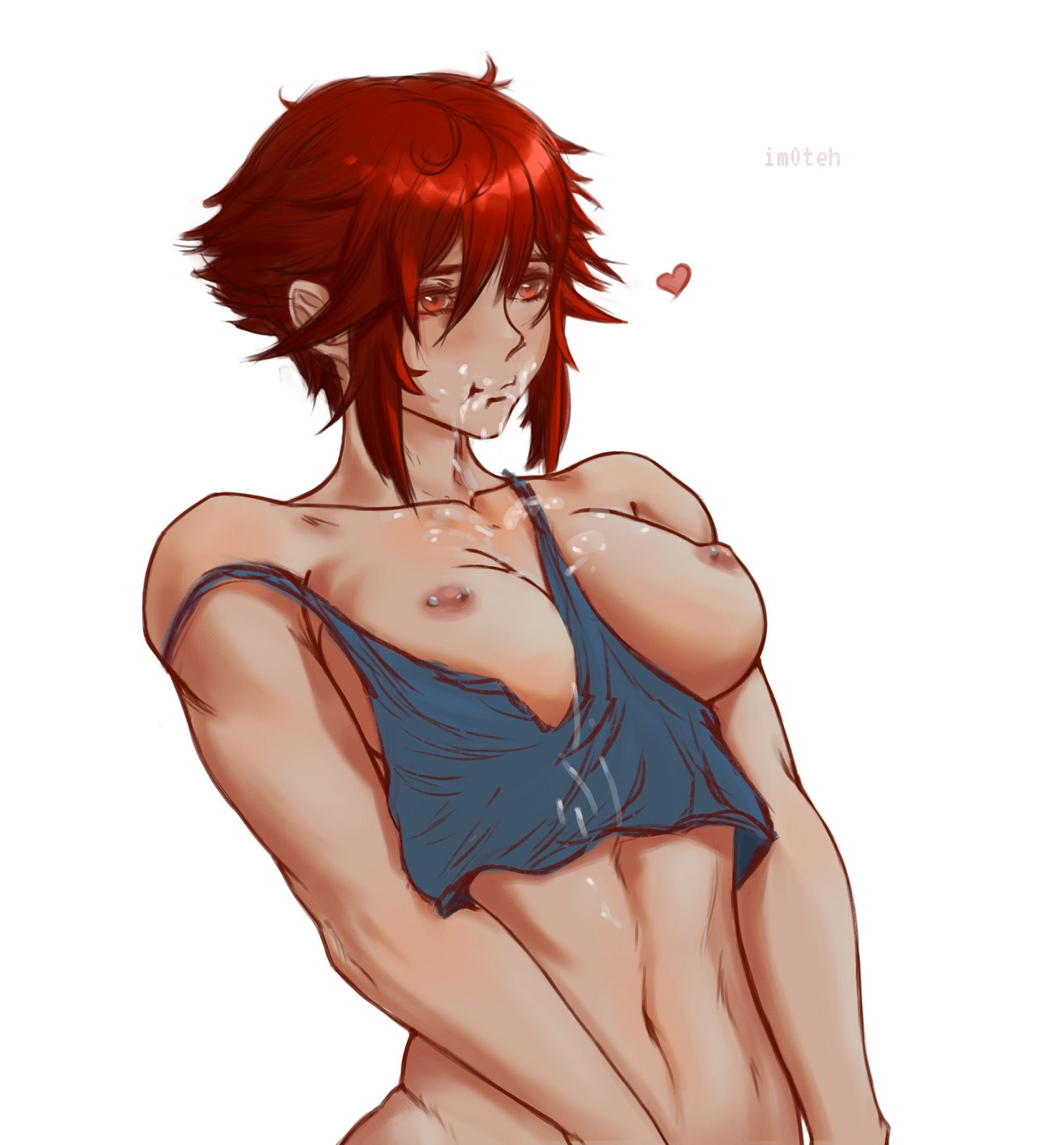 1girls, aizawa tomo, blue shirt, blush, breasts, clothing aside, completely nude, cum, cum on face, fanart, female, nipples, nude, pierced nipples, red eyes, red hair, short hair, tomboy, tomo-chan wa onna no ko, undressing, white background