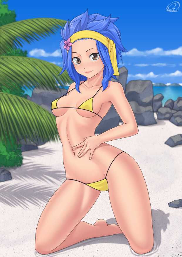 1girls barefoot beach bikini bikini_bottom bikini_top blue_hair brown_eyes cleavage erect_nipples erect_nipples_under_clothes fairy_tail feet female female_focus female_only g-string hair_flower hairband hi_res high_resolution highres kneeling levy_mcgarden light-skinned_female light_skin lips lipstick looking_at_viewer makeup nipple_bulge ocean on_knees pale-skinned_female pale_skin palm_tree petite pink_lips pink_lipstick pinup rocky-ace sideboob skimpy skimpy_bikini small_breasts smile smiling smiling_at_viewer soles solo solo_female solo_focus swimsuit thighs thong tomboy underboob wide_hips yellow_bikini yellow_panties yellow_swimsuit yellow_thong