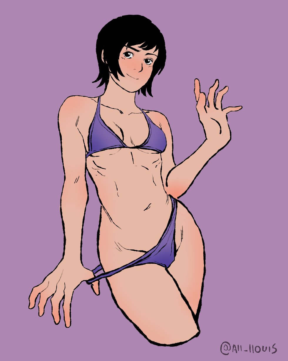 1girls, all llouis, bikini, bikini bottom, bikini top, black eyes, black hair, blush, boruto: naruto next generations, breasts, cleavage, clothing, female, hi res, high resolution, highres, hips, light skin, light-skinned female, looking at viewer, mature, mature female, milf, naruto, naruto (classic), naruto (series), naruto shippuden, nose blush, pale skin, pale-skinned female, panty pull, petite, purple bikini, purple panties, purple swimsuit, purple underwear, revealing clothes, shizune, short hair, shounen jump, small breasts, smile, smiling, smiling at viewer, solo, solo female, solo focus, swimsuit, thick thighs, thighs, tomboy, underwear, wide hips