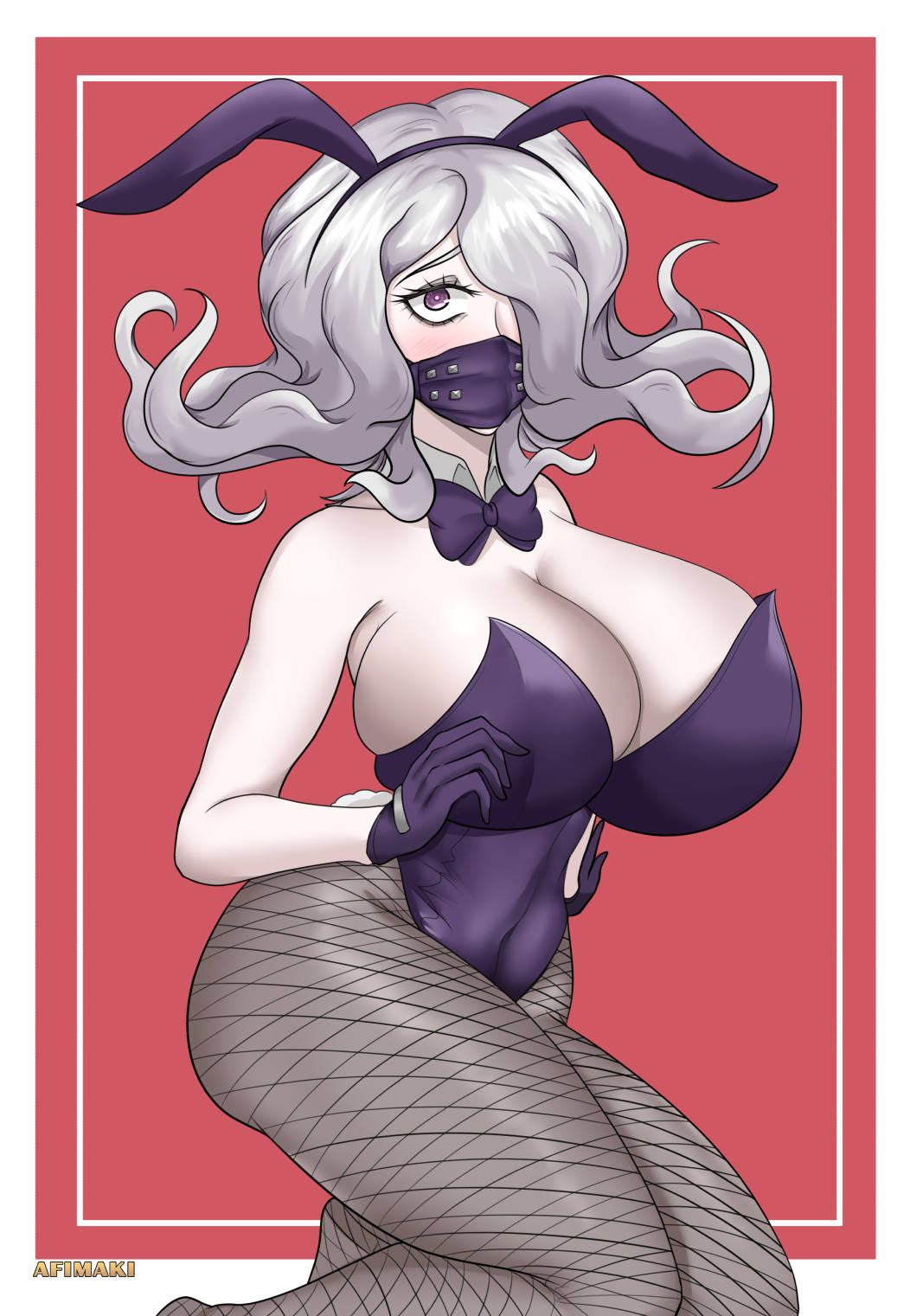 afimaki alternate_version_available blush breasts bunny_ears bunny_girl bunny_tail bunnysuit cleavage danganronpa danganronpa_3 facemask fishnet fishnet_legwear fishnets gloves huge_breasts kimura_seiko large_breasts looking_at_viewer straight_hair thick_thighs thighs