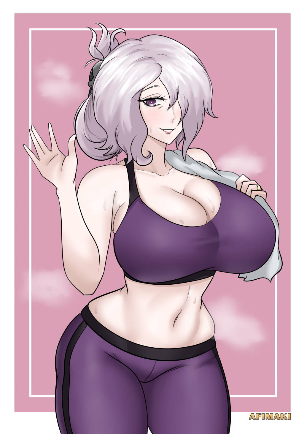 afimaki aged_up breasts cleavage danganronpa danganronpa_3 kimura_seiko large_breasts sports_bra sportswear straight_hair sweat thick_thighs thighs towel