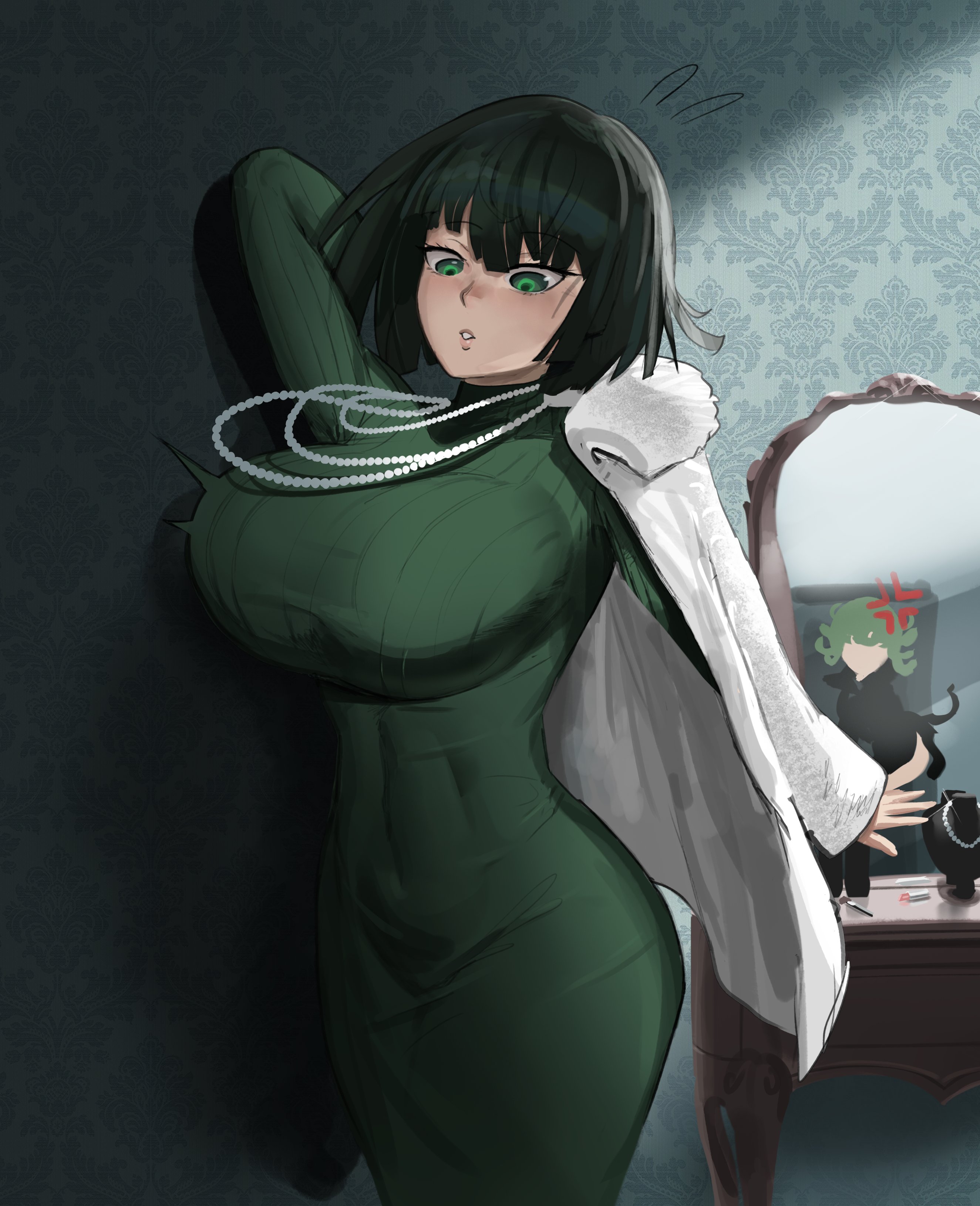 1girls, 2023, 2d, 2d (artwork), abs, annoyed expression, athletic, athletic female, bead necklace, bedroom, big breasts, booruguru, breasts, clothed, curvaceous, curves, curvy, curvy body, curvy female, curvy figure, dress, female, female focus, female only, fit, fit female, fubuki (one-punch man), fully clothed, green dress, green eyes, green hair, hi res, highres, hips, huge breasts, large breasts, light skin, light-skinned female, mirror, necklace, one-punch man, short hair, stomach, tatsumaki, tight clothes, tight clothing, white jacket, wide hips