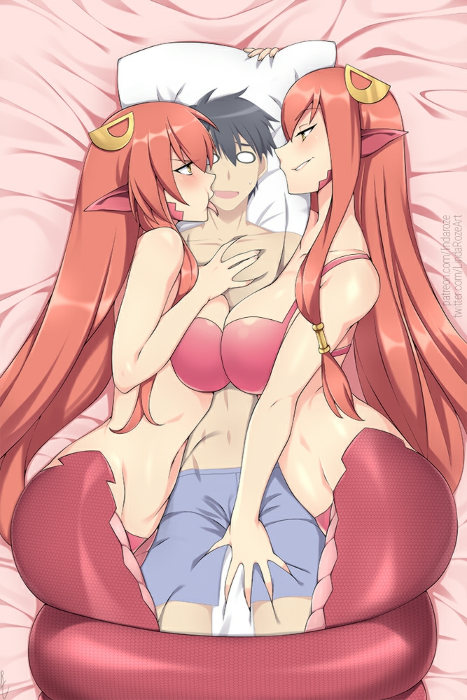 2girls body_pillow bra dakimakura female female_only kurusu_kimihito lamia lindaroze miia's_mother_(monster_musume) miia_(monster_musume) monster_girl monster_musume_no_iru_nichijou mother_and_daughter multiple_girls naga oyakodon panties snake_girl