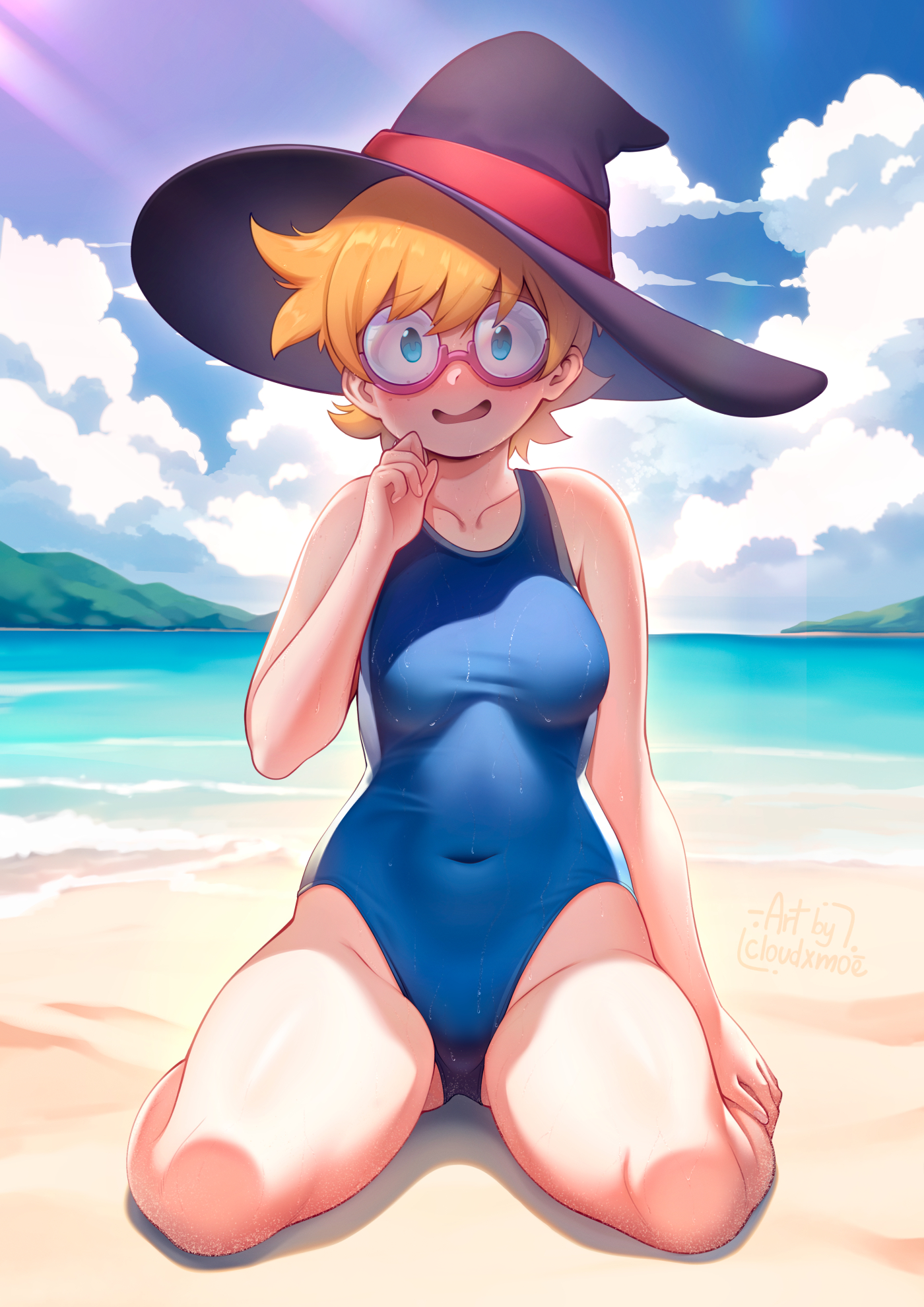 beach, cloudxmoe, little witch academia, lotte jansson, studio trigger, swimsuit, witch hat