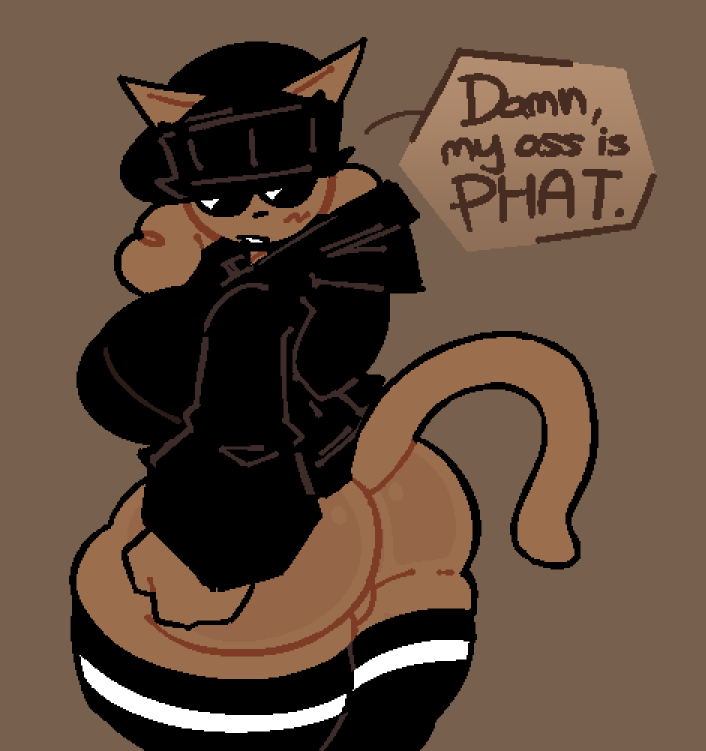 anthro big_ass big_butt black_eyes black_hat black_sweater brown_background brown_fur cat_ears cat_tail catgirl chubby chubby_anthro chubby_female finishedthedemo hat hood_down leggings looking_at_ass looking_at_self looking_over_shoulder no_panties no_pants plain_background probablydemo reese_(finishedthedemo) reese_(probablydemo) striped_stockings sweater text