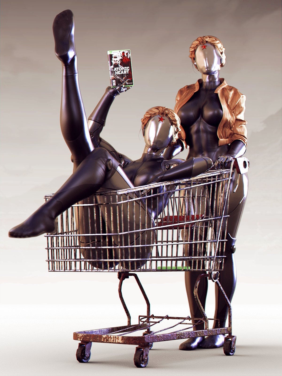 2girls, 3d, atomic heart, female, female only, left (atomic heart), right (atomic heart), robot, shopping cart, the twins (atomic heart), word2
