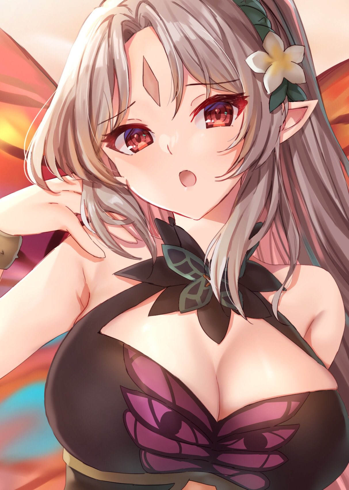 1girls alternate_costume animal_print black_one-piece_swimsuit black_swimsuit breasts butterfly_print cleavage cleavage_cutout clothing_cutout edamameoka facial_mark fairy_wings female female_only fire_emblem fire_emblem_heroes flower forehead_mark gold_bracelet grey_hair hair_flower hair_ornament hair_twirling halterneck highres large_breasts long_hair looking_at_viewer nintendo official_alternate_costume one-piece_swimsuit open_mouth plumeria_(fire_emblem) plumeria_(summer)_(fire_emblem) pointy_ears ponytail red_eyes solo swimsuit wings