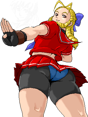 2008 2girls ass ass_focus big_ass bike_shorts blonde_hair curled_tail female female_only isu karin_kanzuki ojou-sama ojou-sama_pose panties pantyshot sakura_kasugano shorts skirt smile spats street_fighter when_you_see_it