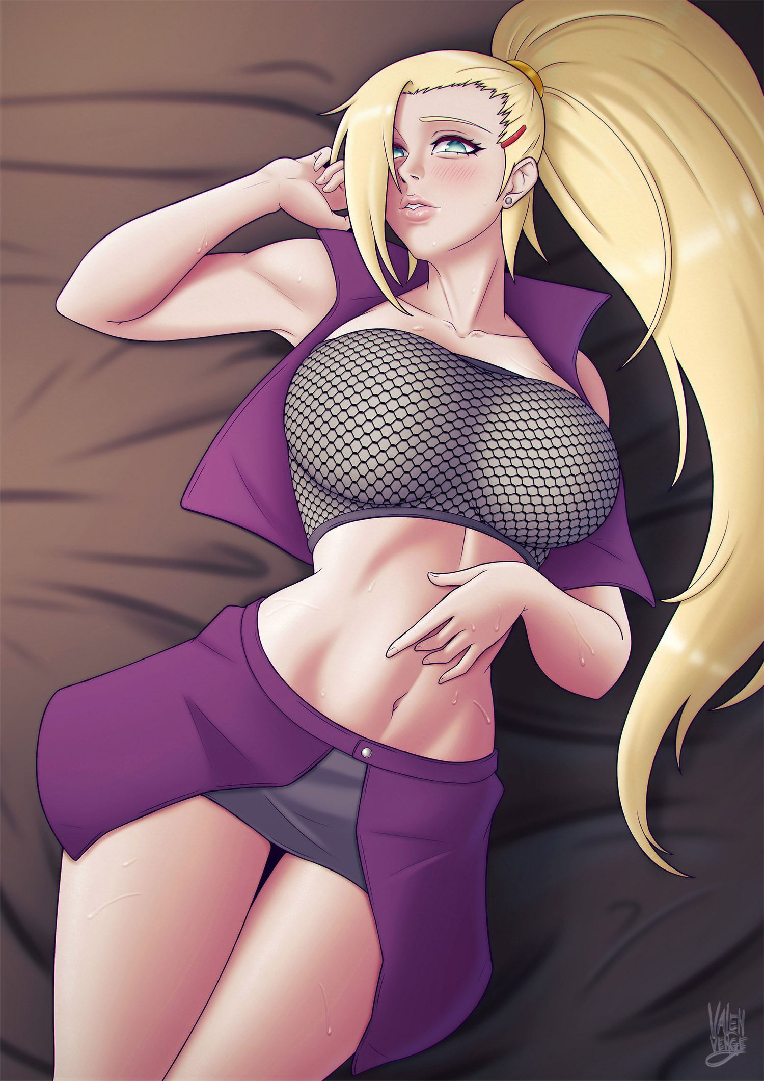 1girls, bare arms, bare legs, bare midriff, bare shoulders, bare thighs, big breasts, big hair, blonde hair, blue eyes, blush, blush lines, breasts, busty, cleavage, clothed female, clothing, collarbone, crop top, earrings, female, female only, fishnet topwear, fishnets, fully clothed, hair ornament, hair over one eye, hairclip, ino yamanaka, jewelry, legs together, light skin, light-skinned female, looking at viewer, lying, lying on back, mature, mature female, midriff, miniskirt, naruto, naruto (series), naruto shippuden, on back, open clothes, oppai, parted lips, pink lips, ponytail, skirt, solo, solo focus, stud earrings, thighs, tied hair, tubetop, valenvenge, very long hair, vest, voluptuous, voluptuous female, wide hips