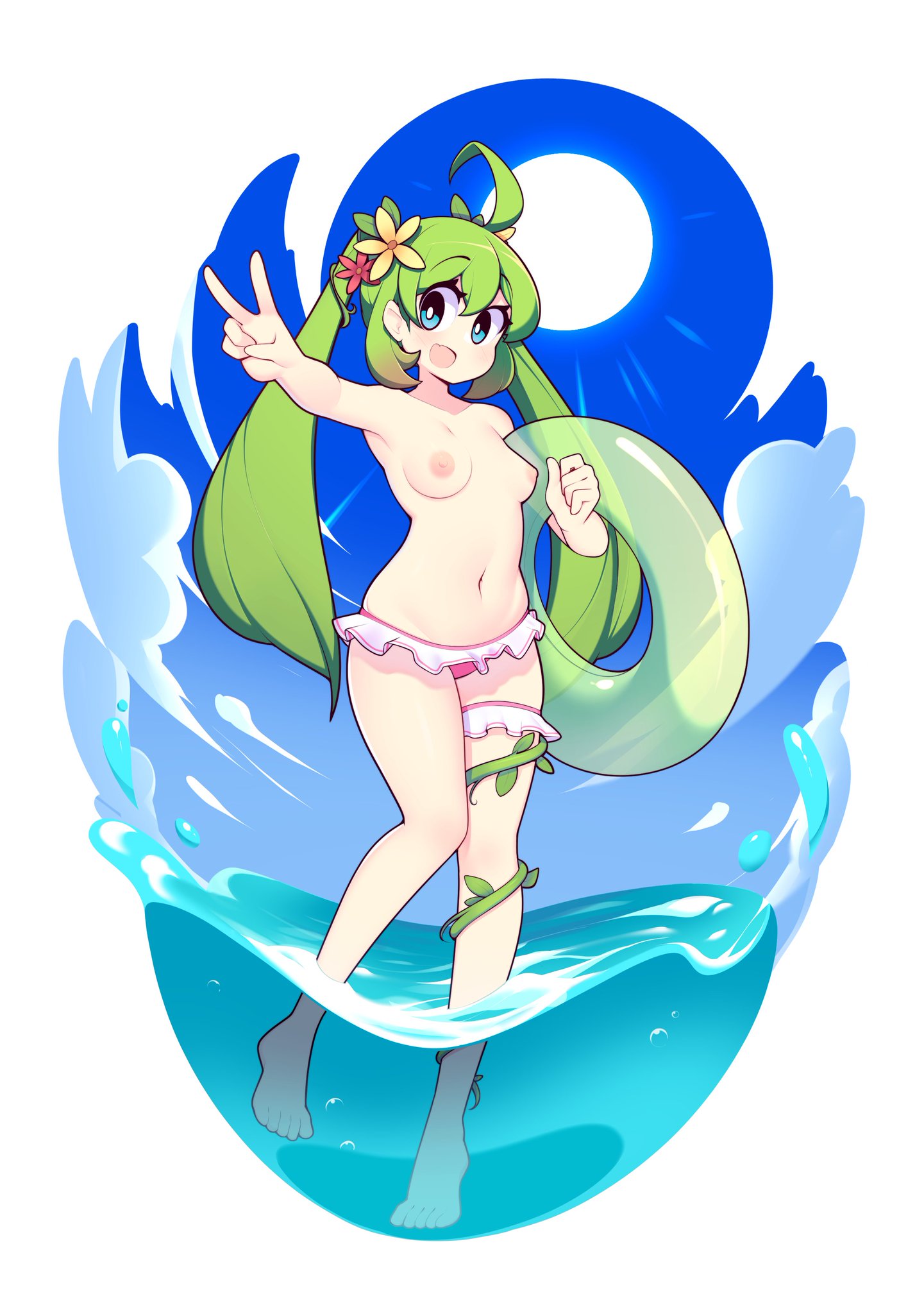 1girls, beach, female, fizintine, green hair, ocean, original, original character, peace sign, topless