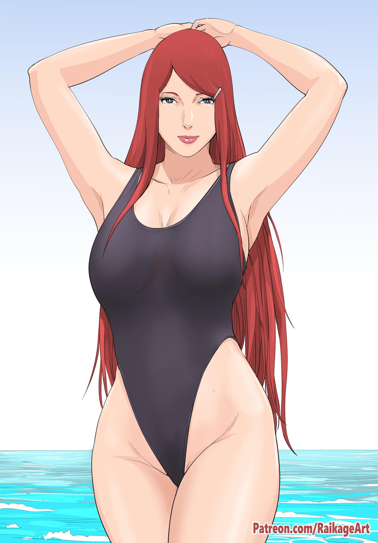 1girls, armpits, arms behind back, arms up, bare arms, bare legs, bare thighs, bikini, black swimsuit, blue eyes, breasts, cleavage, female, female focus, female only, hairclip, hi res, high resolution, highres, light skin, light-skinned female, lipstick, long hair, looking at viewer, makeup, mature, mature female, medium breasts, milf, narrowed eyes, naruto, naruto (series), naruto shippuden, ocean, one-piece swimsuit, pale skin, pale-skinned female, pink lips, pink lipstick, pinup, pose, posing, raikage art, red hair, seductive, seductive eyes, seductive look, shounen jump, smile, smiling, smiling at viewer, solo, solo female, solo focus, standing, swimsuit, thick thighs, thighs, uzumaki kushina, voluptuous, voluptuous female, wide hips