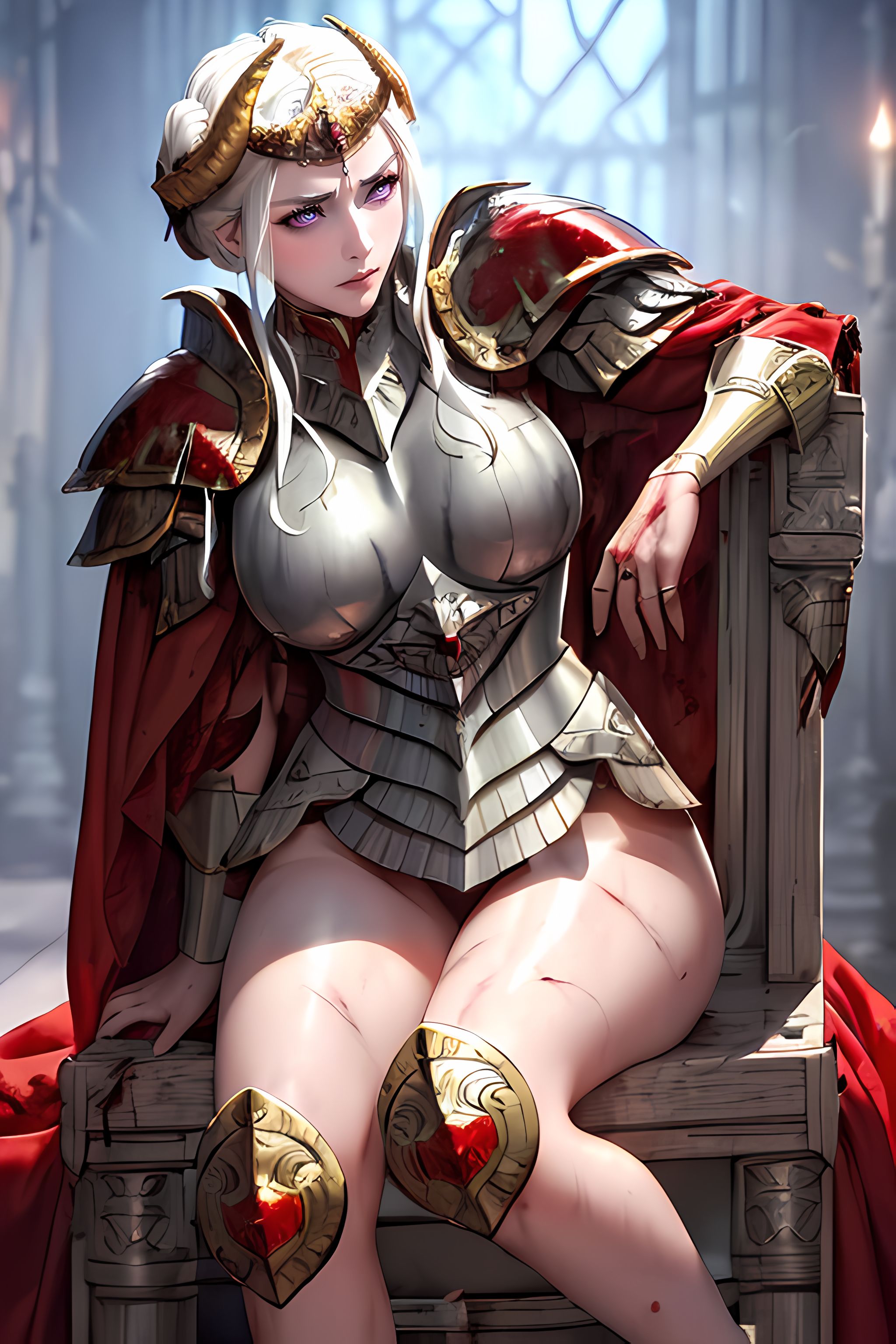 1girls, 2023, absurd res, ai generated, alternate costume, armor, blood, breasts, crown, dankmasterai, edelgard von hresvelg, female, fire emblem, fire emblem warriors: three hopes, fire emblem: three houses, horned female, horned humanoid, horns, large breasts, official alternate costume, post-timeskip, purple eyes, sitting, stable diffusion, thick thighs, warrior