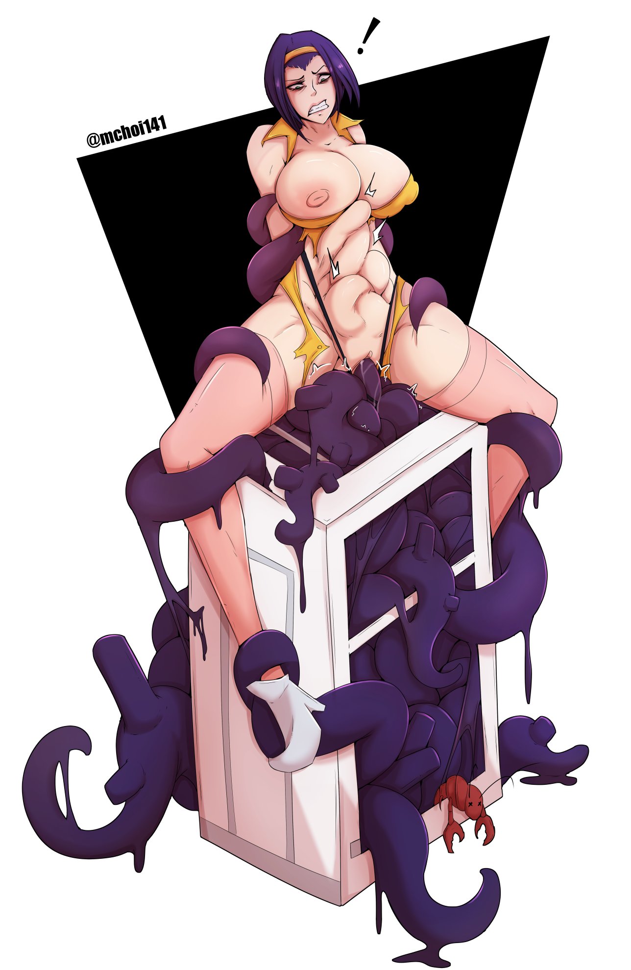 1girls, breasts, cowboy bebop, faye valentine, female, hairband, human, large breasts, light skin, light-skinned female, mchoi141, nipples, pale skin, pale-skinned female, purple hair, pussy, restrained, short hair, stomach bulge, stomach deformation, tentacle, tentacle penetration, tentacle rape, tentacle sex, tentacles, tentacles on female, vaginal penetration, white background