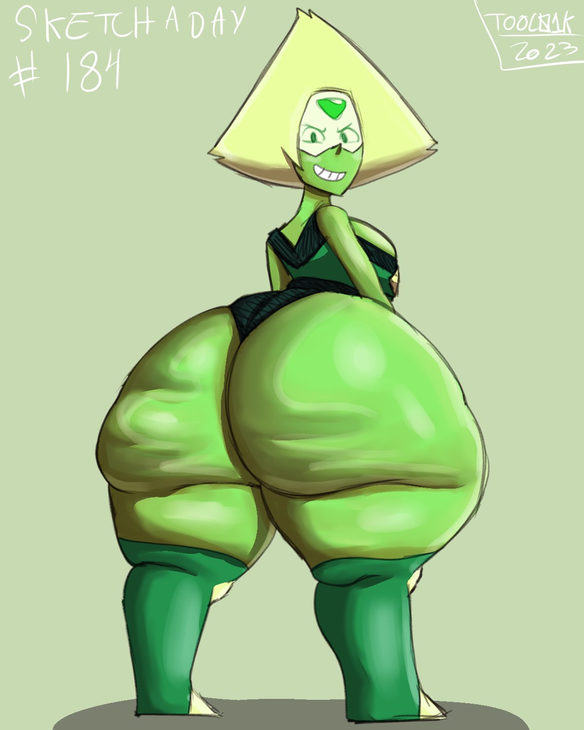 1girls, 2023, ass, big ass, blonde hair, bottom heavy, bubble ass, bubble butt, cartoon network, fat ass, female, female focus, female only, gem (species), green background, green skin, huge ass, hyper, hyper ass, large ass, looking at viewer, looking back, massive ass, peridot (steven universe), solo, steven universe, thick ass, thick thighs, thighs, thunder thighs, tool01k, wide hips