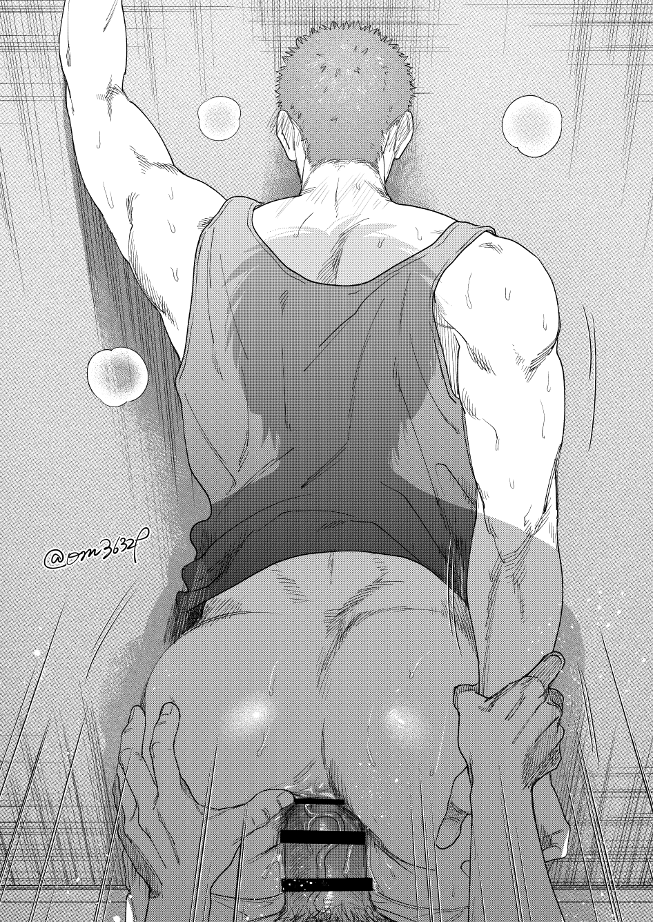 2boys anal arm_held_back ass bara blush bottomless erection greyscale hand_on_another's_ass highres holding_another's_wrist male_focus monochrome multiple_boys muscular muscular_male naked_shirt om3632f om3632f penis rukawa_kaede sakuragi_hanamichi sex sex_from_behind shirt short_hair slam_dunk slam_dunk_(series) solo_focus tank_top twitter_username yaoi