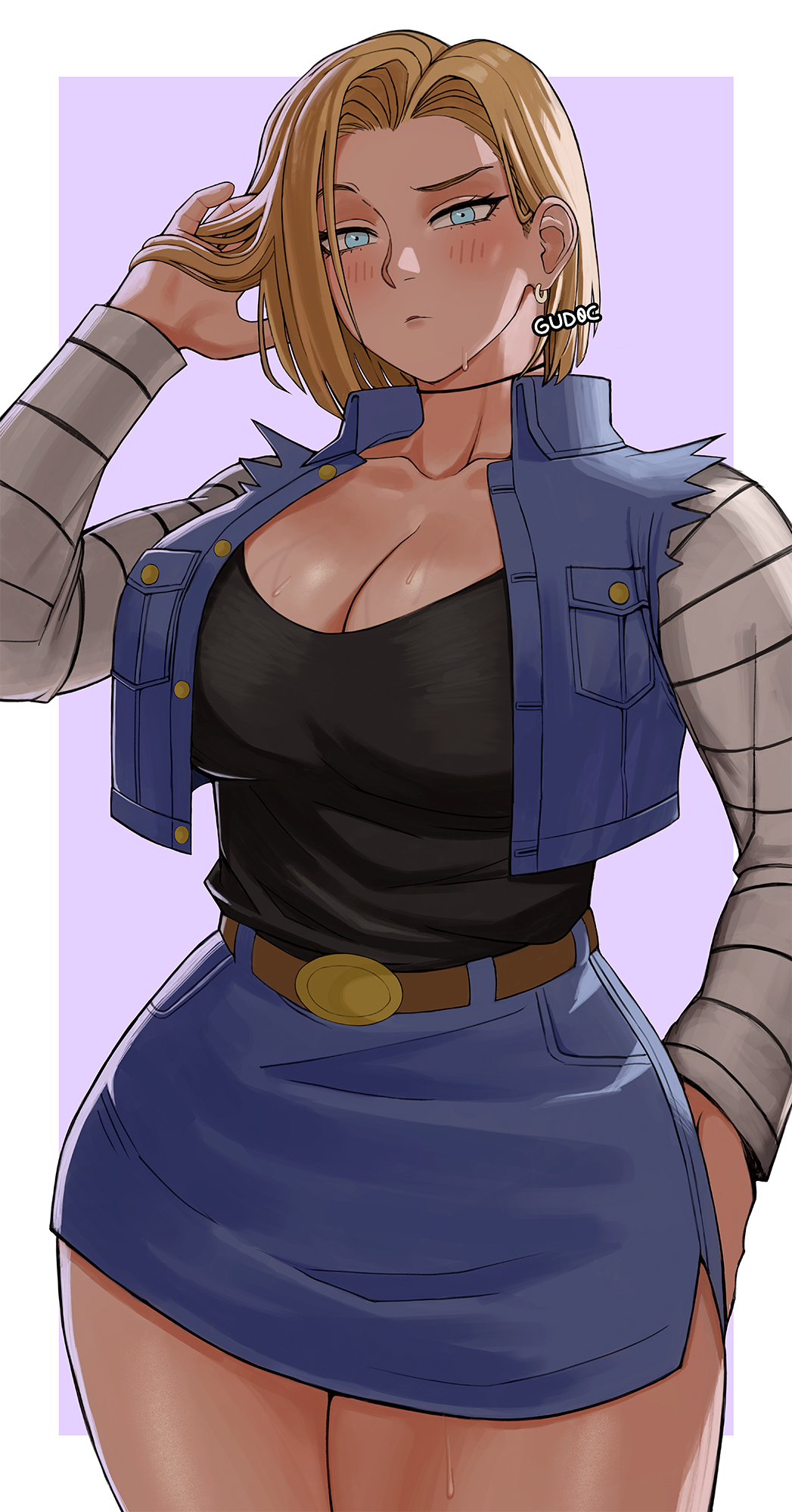 1girls, android, android 18, big breasts, blonde hair, blue eyes, blue jacket, blue skirt, blushing, breasts, cleavage, clothed, dragon ball, dragon ball z, female, female focus, female only, fully clothed, gud0c, jacket, large breasts, looking at viewer, short hair, skirt, solo, solo female, solo focus, thick thighs, wide hips
