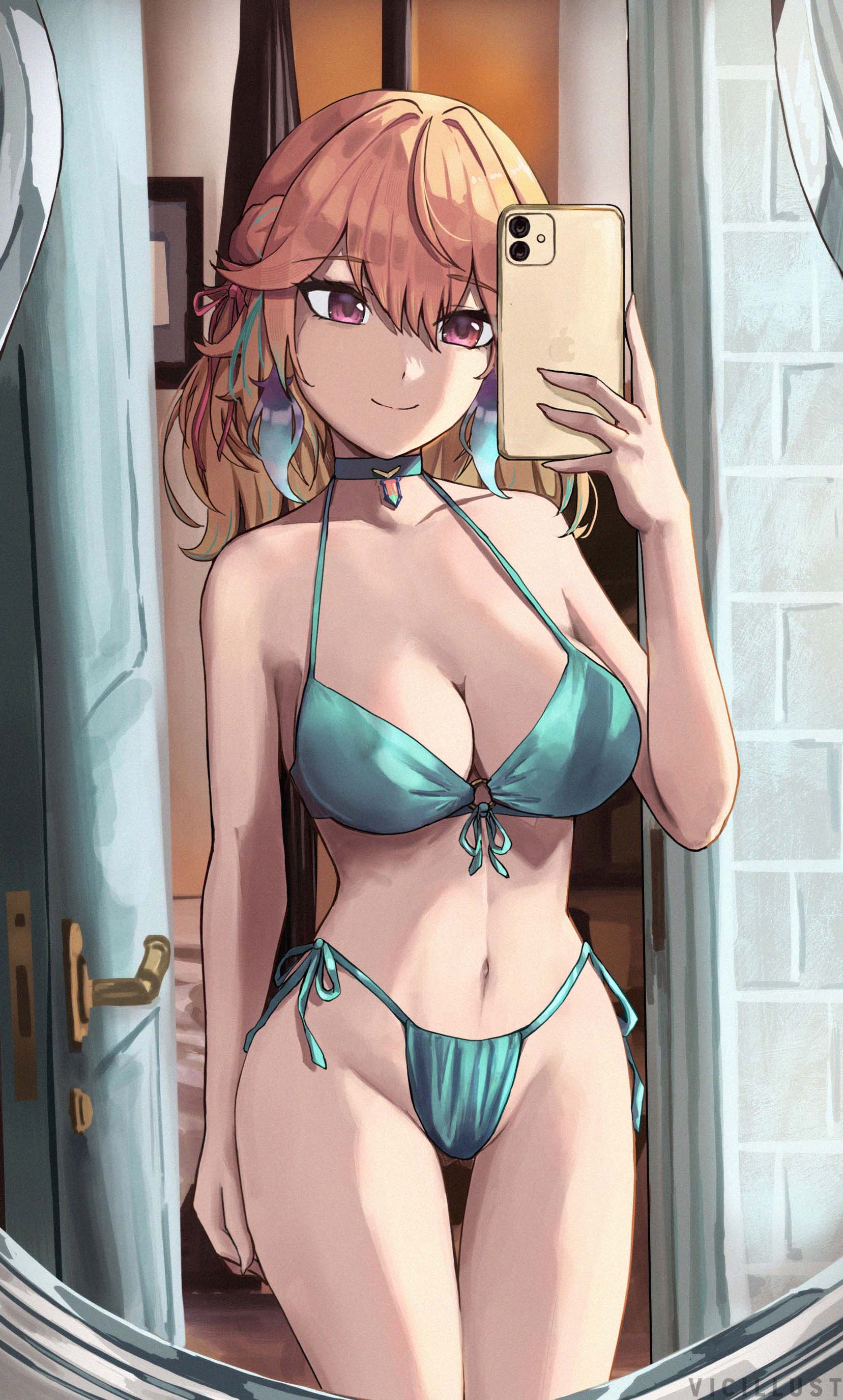 1girls, 2023, alternate version available, big breasts, bikini, bikini bottom, bikini top, breasts, cellphone, cleavage, female, female only, holding, holding cellphone, holding object, holding phone, holding smartphone, hololive, hololive english, hololive myth, indoors, light skin, light-skinned female, mirror, mirror selfie, orange hair, phone, selfie, smartphone, smile, solo, standing, takanashi kiara, vicarious (vicillust), virtual youtuber