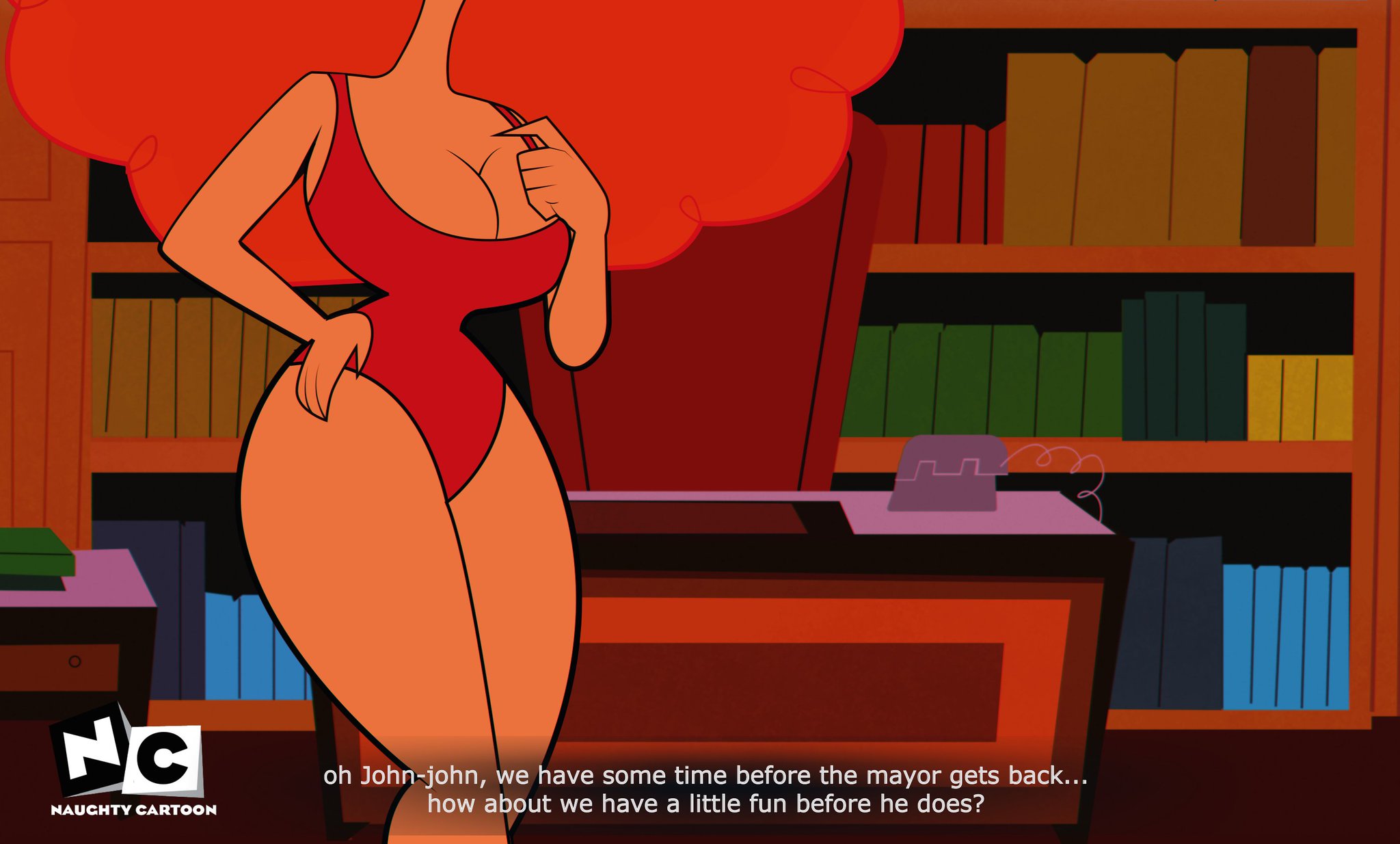 1girls, accurate art style, big breasts, big hair, breasts, caption, cartoon network, crossover, english text, female, female only, fluffy hair, gosgoz, hand on hip, imminent sex, johnny bravo, johnny bravo (series), legs, long hair, no face, office, office lady, offscreen character, one-piece swimsuit, poofy hair, powerpuff girls, red hair, red swimwear, redhead, sara bellum, secretary, swimsuit, text, thick thighs, undressing, unseen female face