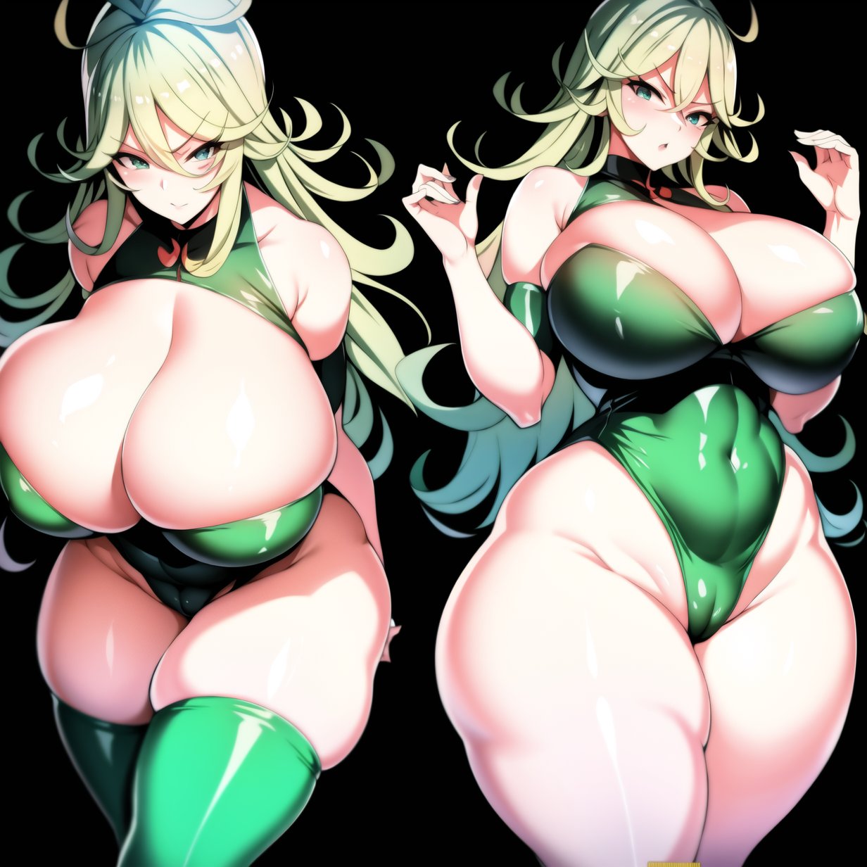 1girls, ai generated, alternate breast size, angry, ass, breasts, female, female only, green clothing, green hair, huge ass, huge breasts, legwear, looking at viewer, one-punch man, self upload, solo, tatsumaki, thick thighs, tight clothing, two versions