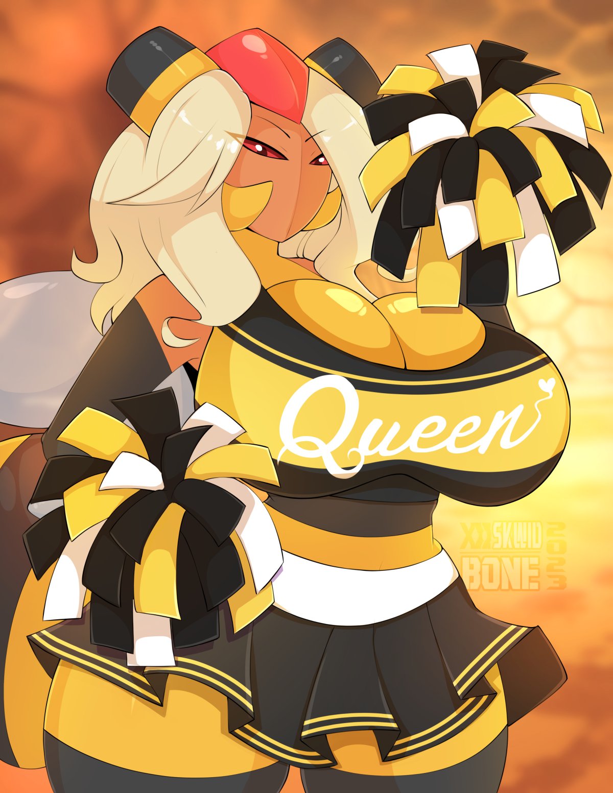 anthro, bee, big breasts, breasts, cheerleader, female, female only, fingers, hand on breast, hands, hi res, huge breasts, insect humanoid, looking at viewer, multicolored body, orange body, pokémon (species), pokemon, pokemon (species), pom poms, pussy, short skirt, skirt, skwidbone, thick thighs, vespiquen, wide hips
