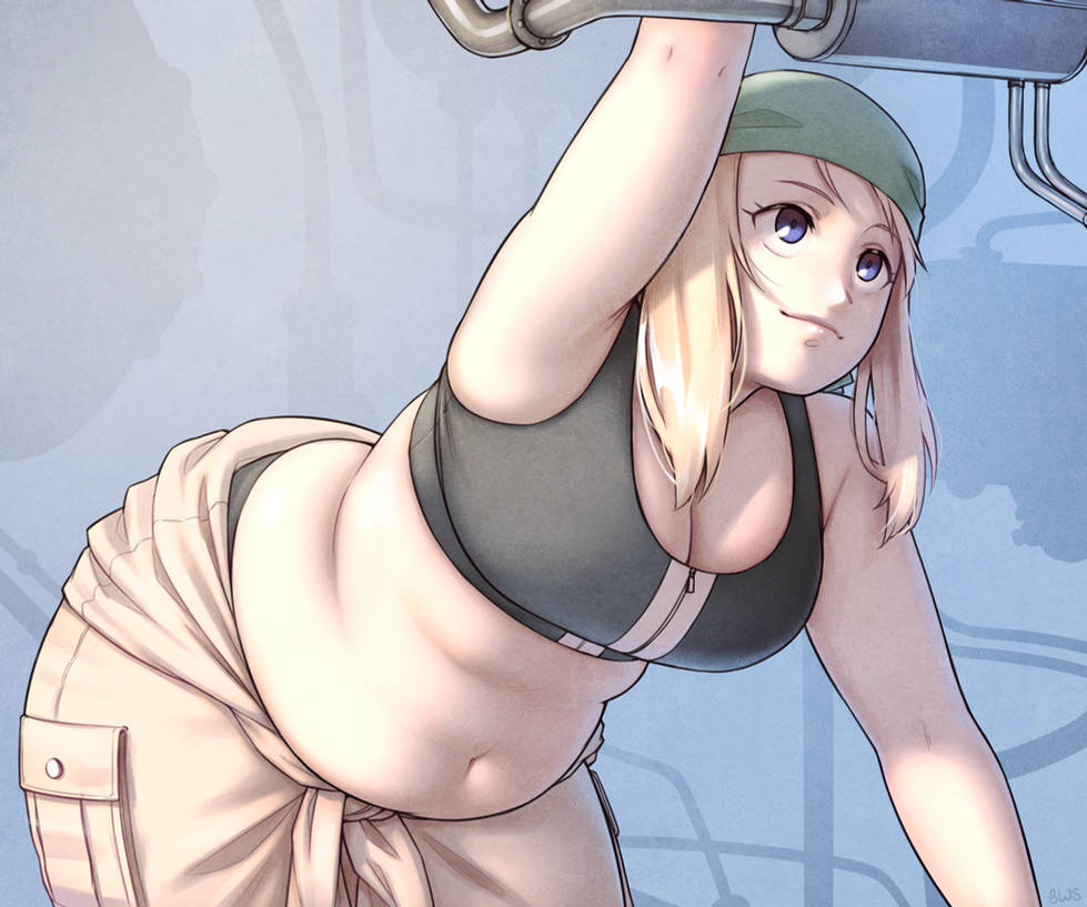 bbw, belly overhang, better with salt, big belly, big breasts, breasts, chubby, chubby female, fat, fat female, fat fetish, female, fullmetal alchemist, muffin top, overweight, overweight female, weight gain, winry rockbell