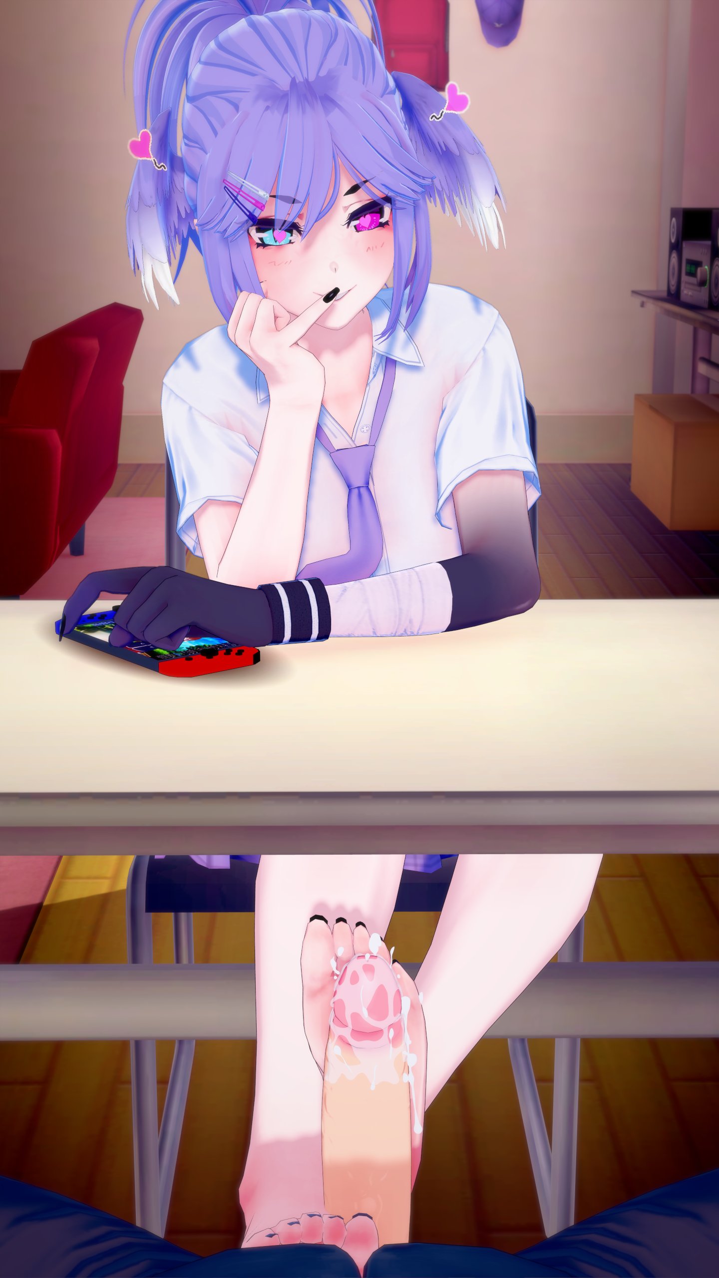 1girls, 3d, 3d (artwork), bandaged arm, barefoot, cum, cum on feet, cum on penis, dragon hand, exposed penis, feet, feet on penis, female, first person view, foot fetish, footjob under table, heart, heart-shaped pupils, hearts around head, heterochromia, hi res, highres, koidragoon, koikatsu, looking at viewer, male, male pov, necktie, nijisanji, nijisanji en, nintendo switch, penis, penis out, pinky out, purple hair, school uniform, schoolgirl, selen tatsuki, smile, smiling at viewer, under the table, virtual youtuber, wristband