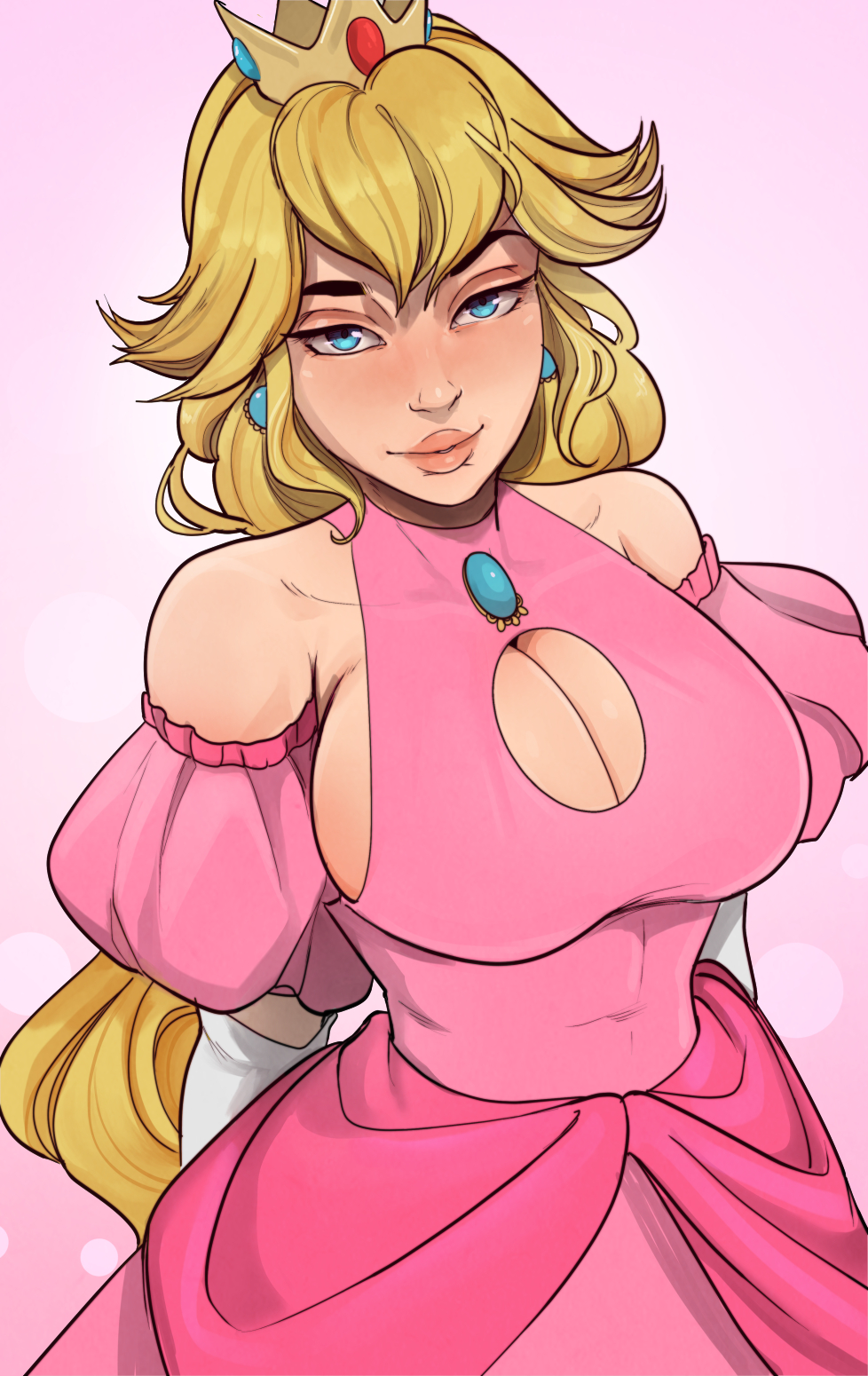 1girls bare_shoulders blonde_hair blue_eyes breasts cleavage cleavage_cutout clothing detached_sleeves ezhaillia female female_only large_breasts mario_(series) pink_dress princess_peach puffy_short_sleeves puffy_sleeves seductive seductive_smile sideboob solo standing