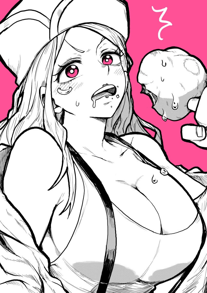 1girls aged_up big_breasts female female_only fully_clothed jewelry_bonney meat one_piece pink_background pink_eyes solo solo_female tagme yotsumi_shiro