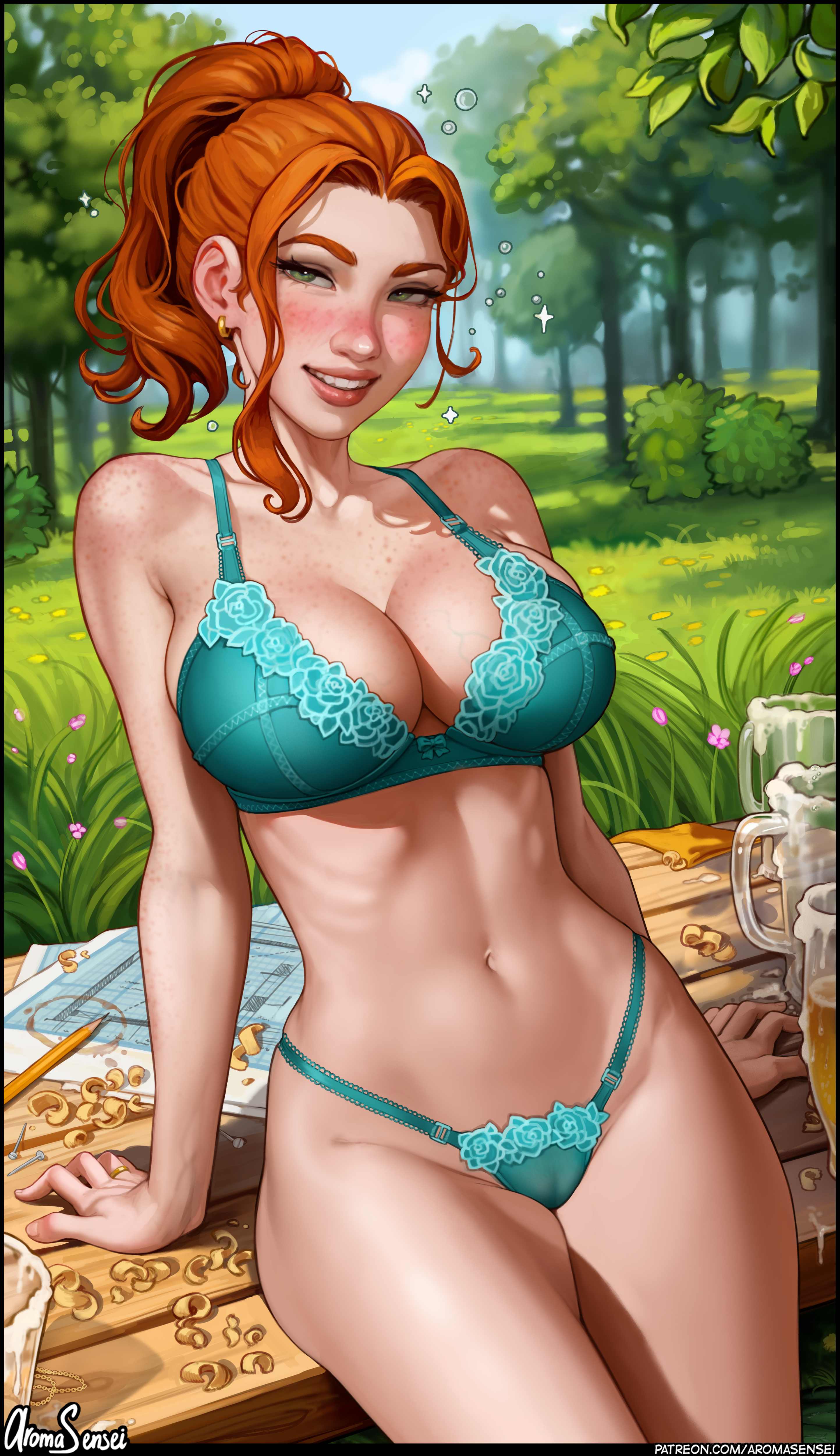 1girls, aroma sensei, big breasts, blush, bra, breasts, earrings, female, female focus, female only, freckles, freckles on breasts, freckles on face, green eyes, highres, light skin, light-skinned female, navel, outdoors, panties, red hair, robin (stardew valley), smile, solo, solo female, solo focus, stardew valley, undressing, wide hips