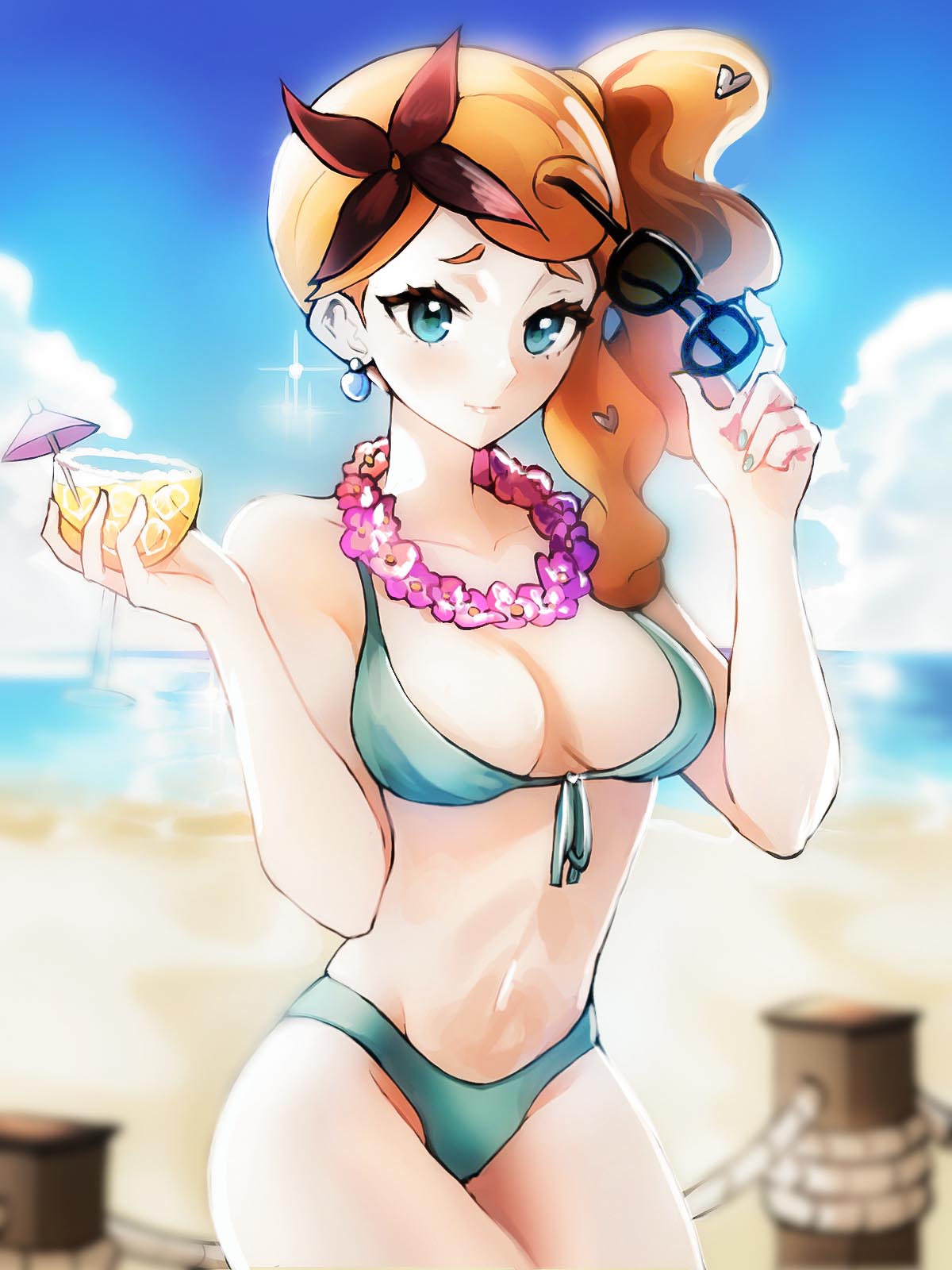 1girls beach bikini blue_eyes breasts clouds cocktail_umbrella cup drink earrings eyewear_removed flower_necklace green_bikini green_swimsuit hair_flower heart_hair_ornament holding_drink holding_sunglasses large_breasts lei looking_at_viewer midriff navel nintendo ocean orange_hair outside painted_fingernails pokemon pokemon_ss side_ponytail sky sonia_(pokemon) sunglasses sunglasses_removed swimsuit tommietomm water